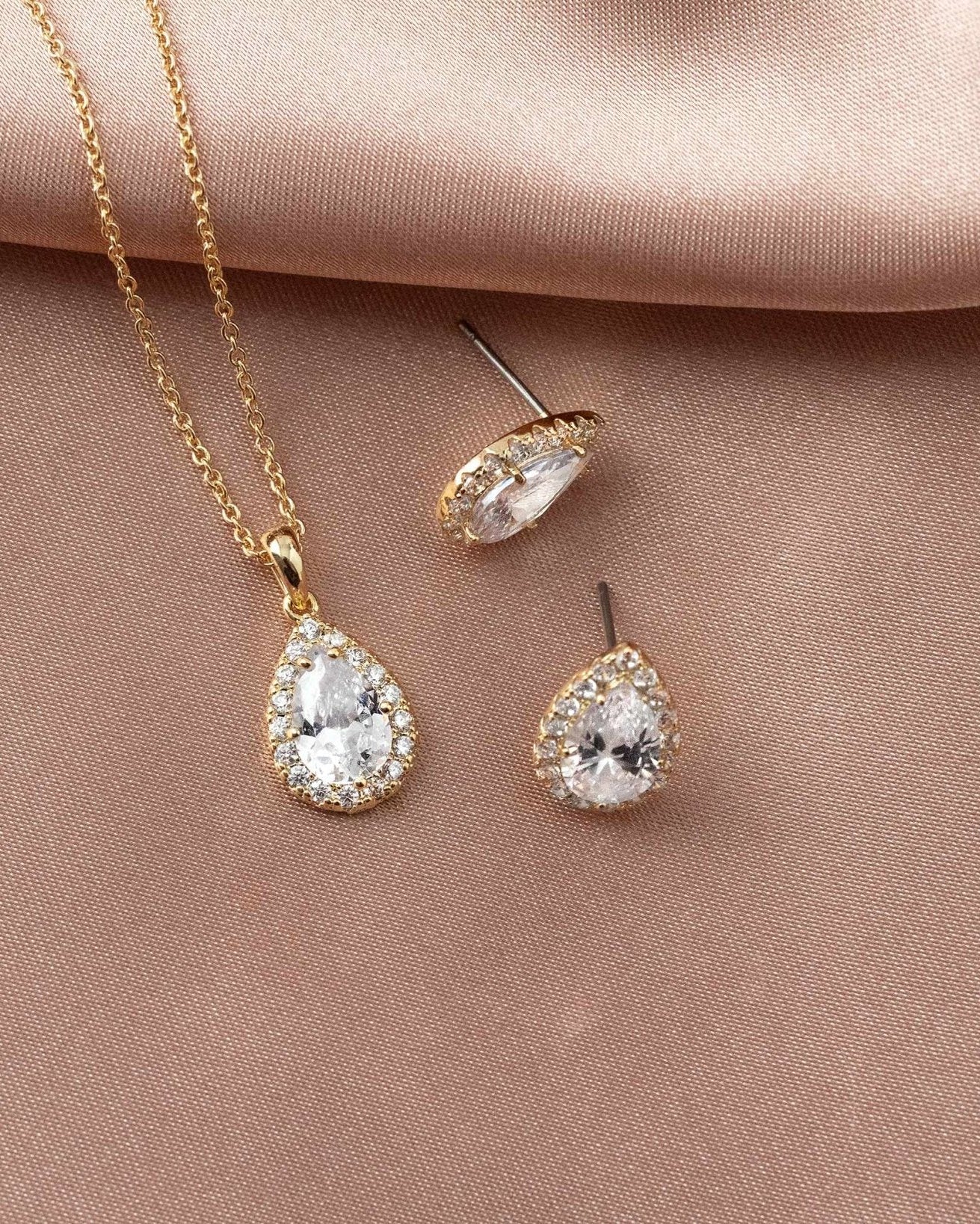 Classic CZ Necklace Pave Pear Pendant and Earrings - Necklace Set - Cassandra Lynne