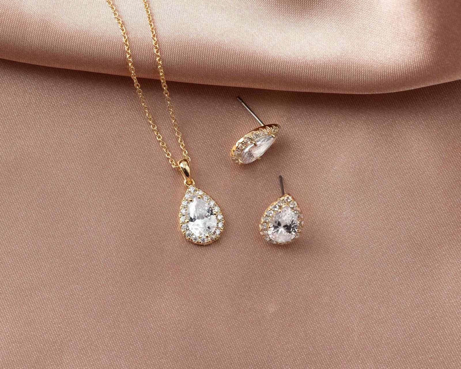 Classic CZ Necklace Pave Pear Pendant and Earrings - Necklace Set - Cassandra Lynne