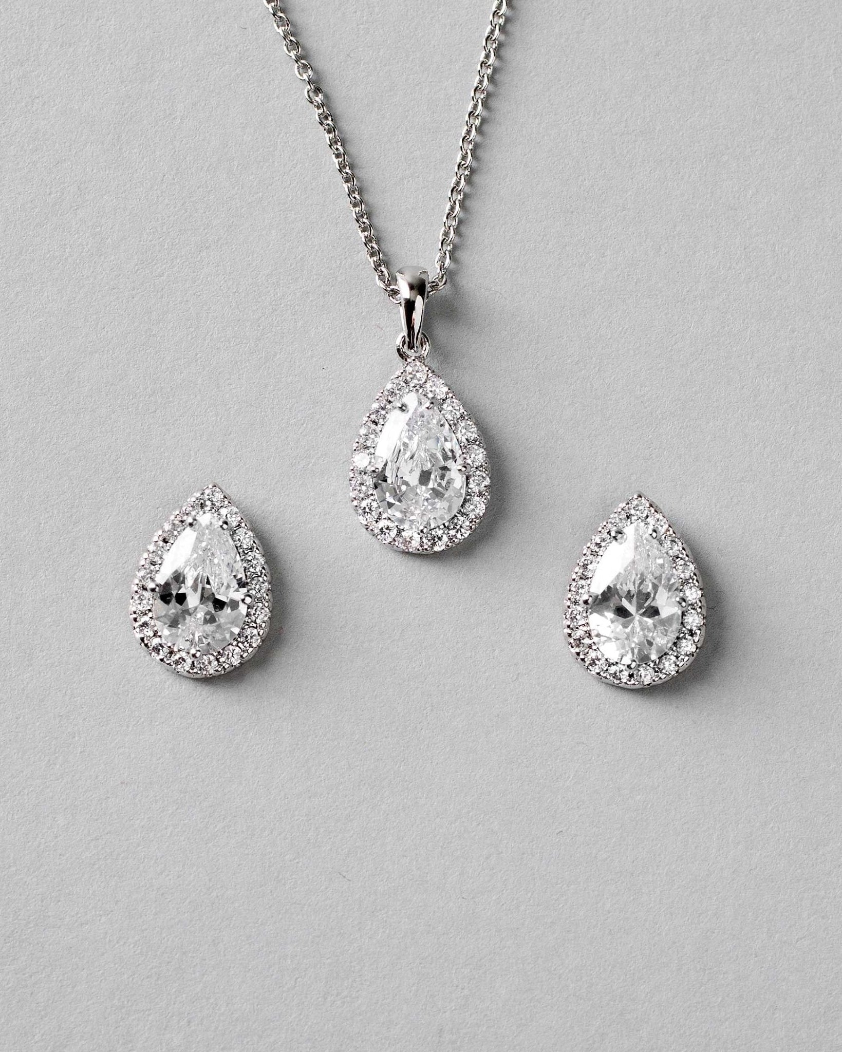 Classic CZ Necklace Pave Pear Pendant and Earrings - Necklace Set - Cassandra Lynne