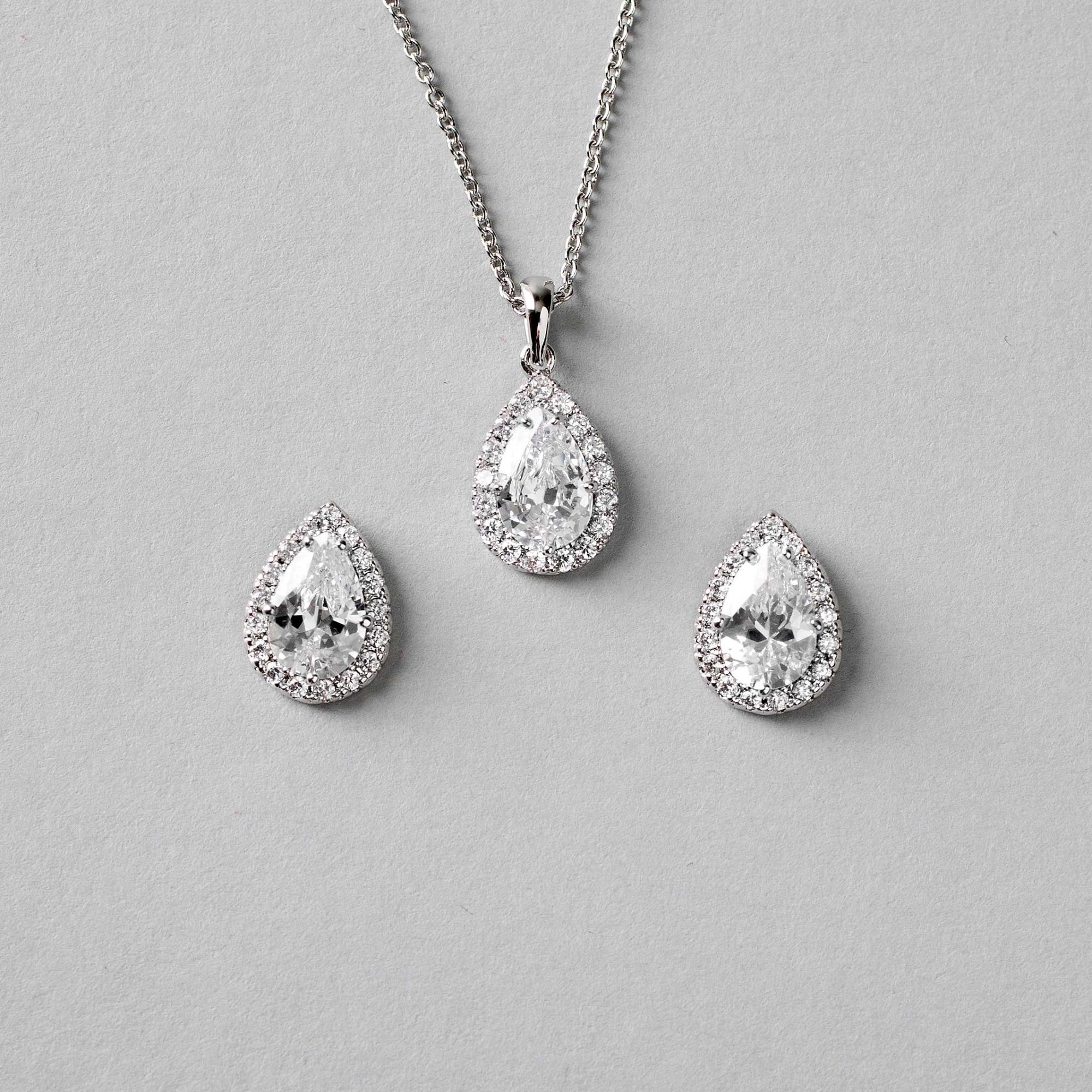 Classic CZ Necklace Pave Pear Pendant and Earrings - Necklace Set - Cassandra Lynne