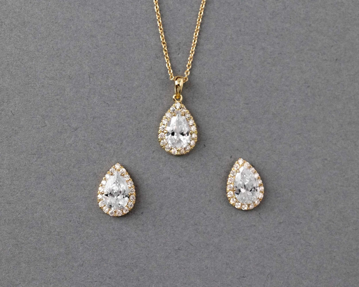 Classic CZ Necklace Pave Pear Pendant and Earrings - Necklace Set - Cassandra Lynne