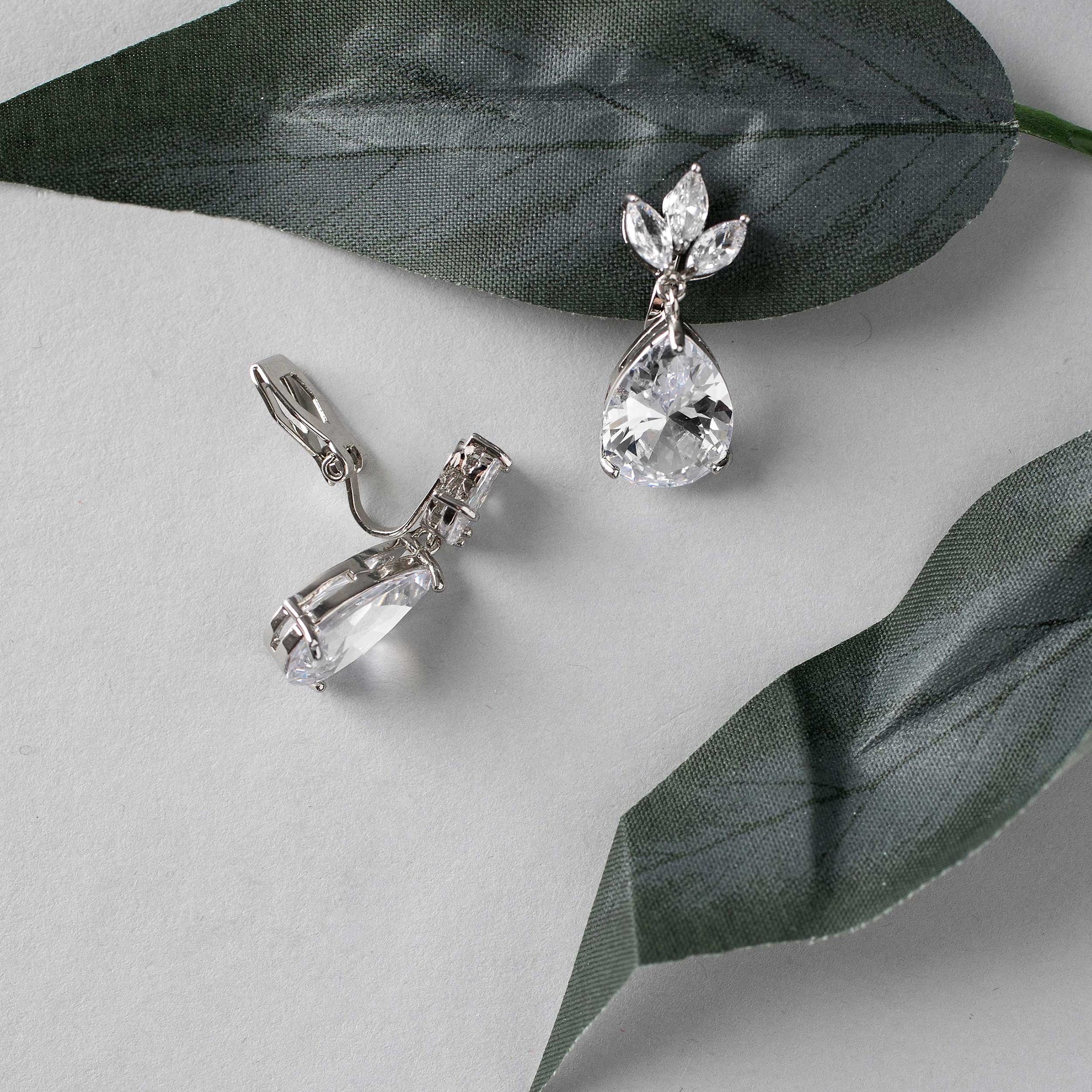 Clip-On Classic Wedding Earrings with CZ Pear Drop