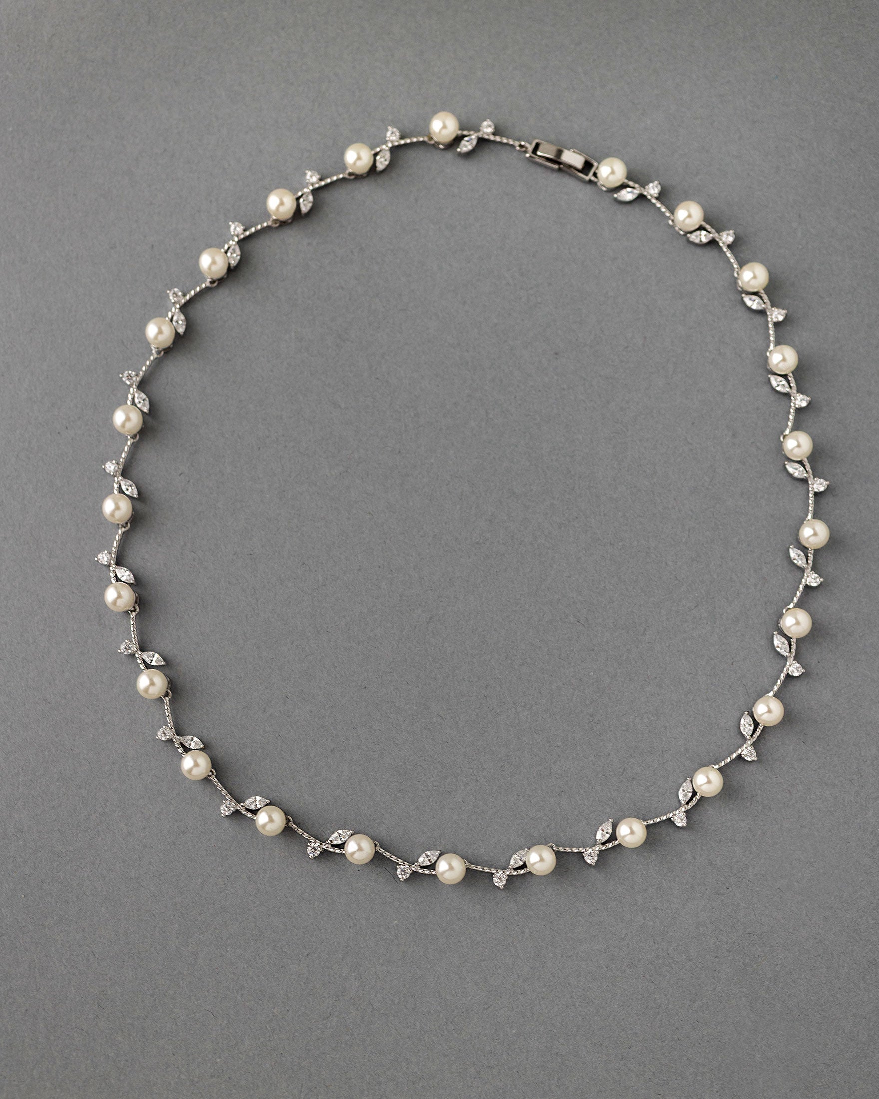 Pearl Wedding Necklace with CZ Leaves
