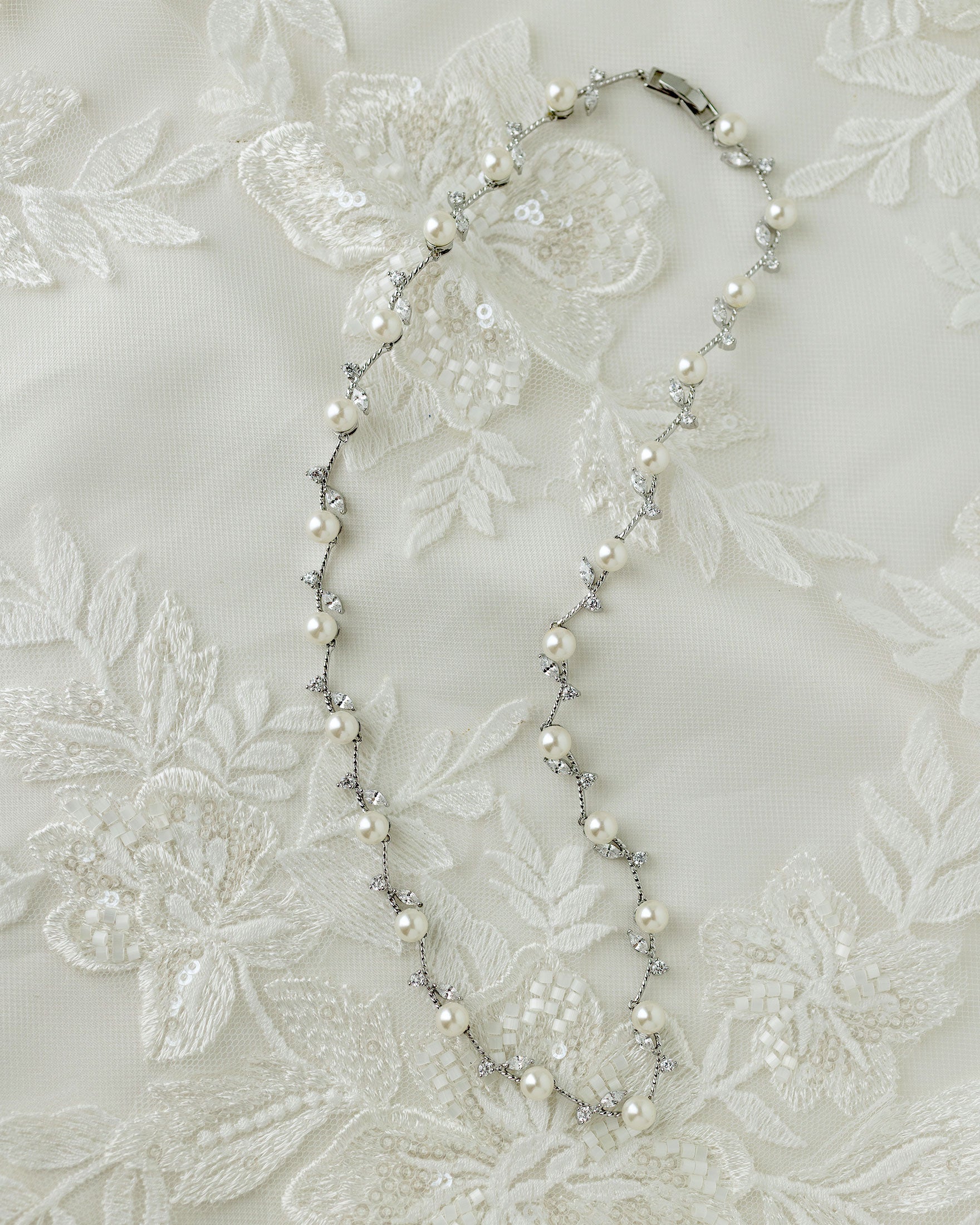 Pearl Wedding Necklace with CZ Leaves