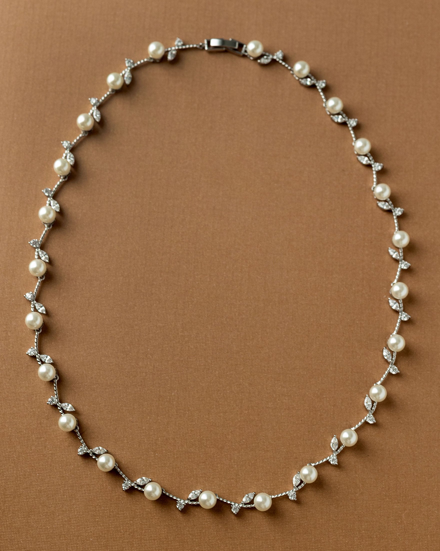 Pearl Wedding Necklace with CZ Leaves