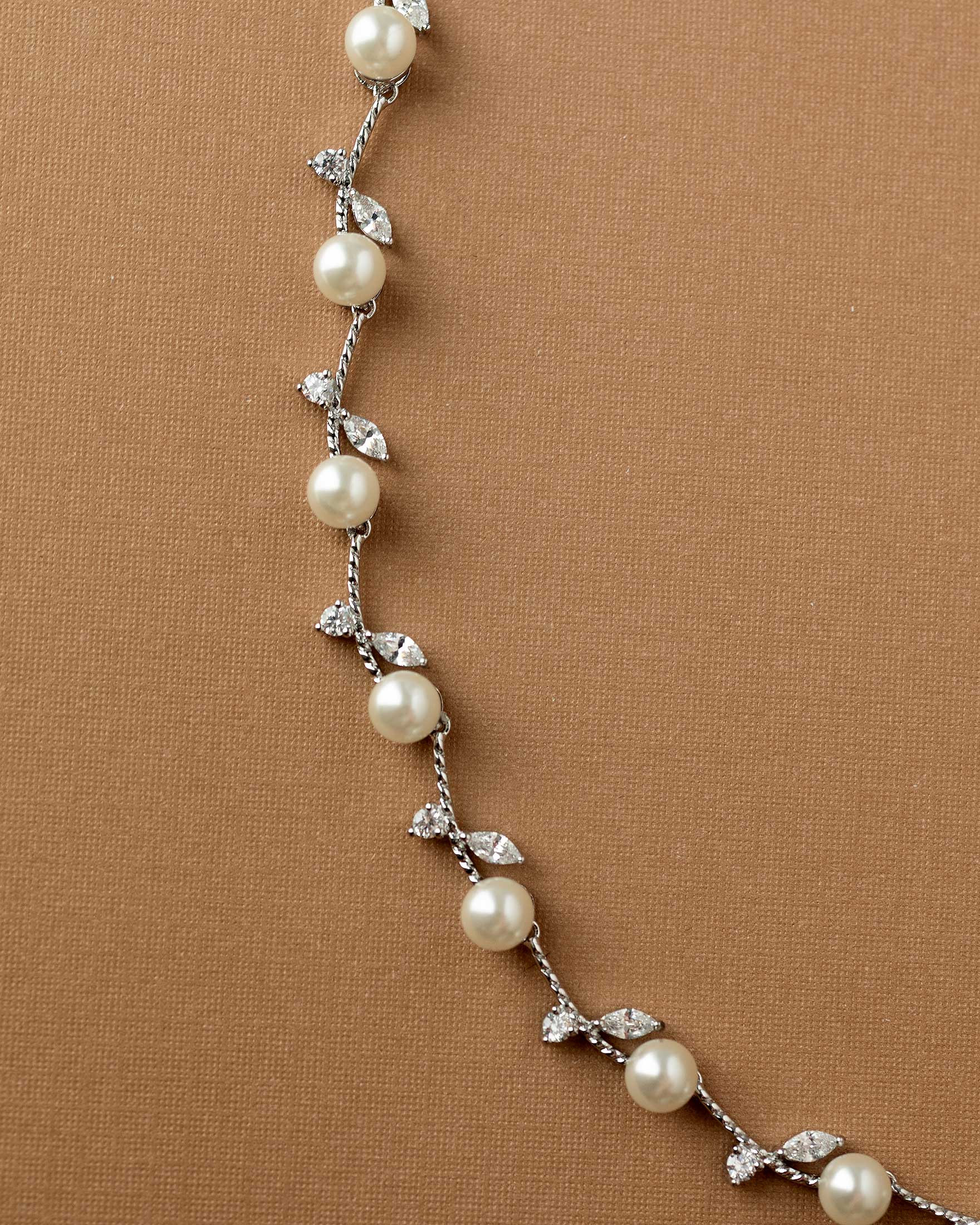 Pearl Wedding Necklace with CZ Leaves