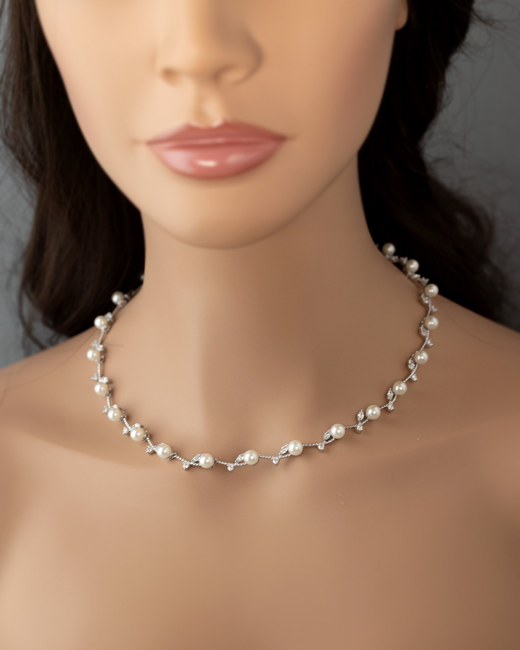 Pearl Wedding Necklace with CZ Leaves