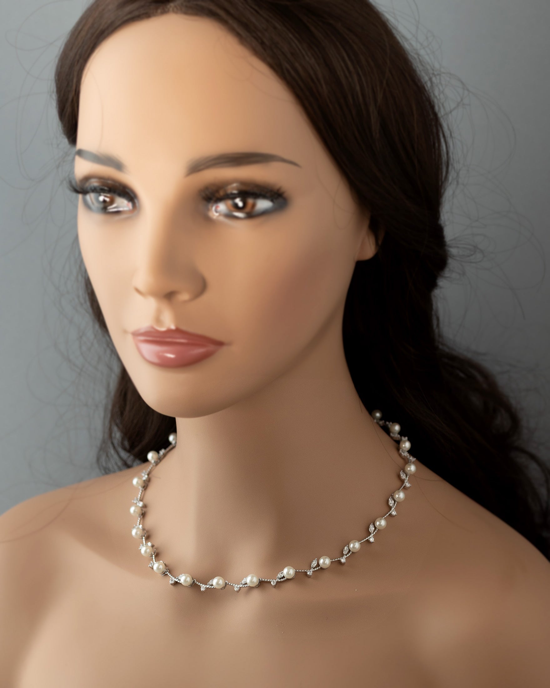 Pearl Wedding Necklace with CZ Leaves