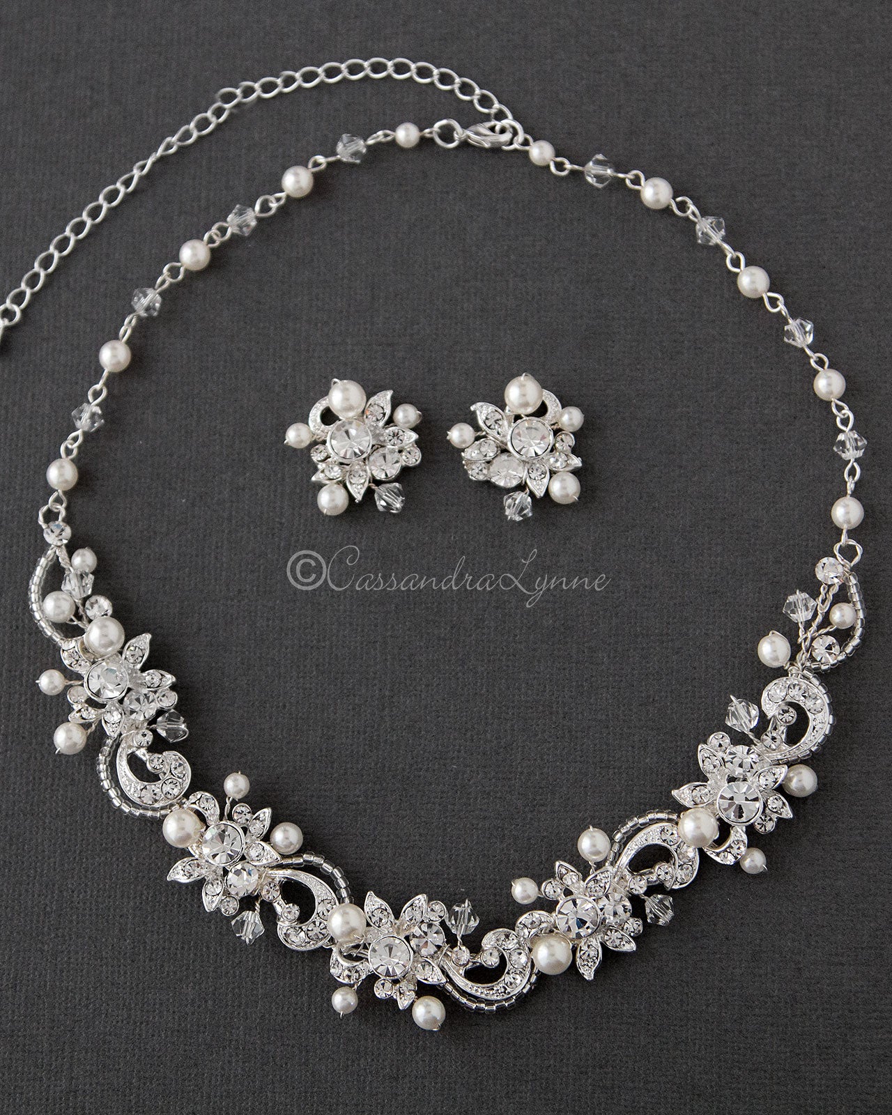 Crystal and Pearl Bridal Necklace Set Light Gold - Jewelry Set - Cassandra Lynne