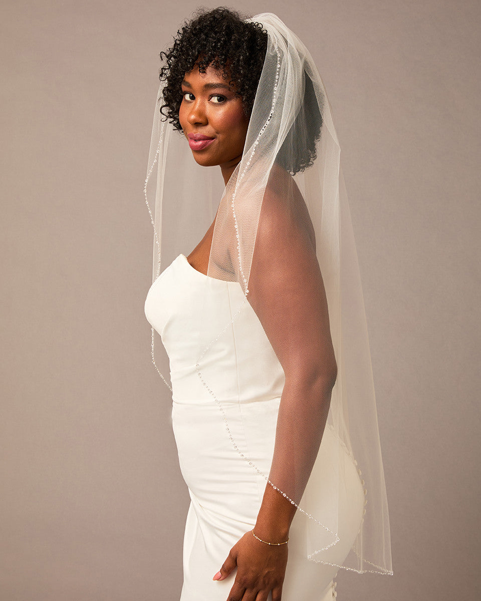 Crystal and Glass Bead Trimmed Veil Fingertip Length - Cassandra Lynne