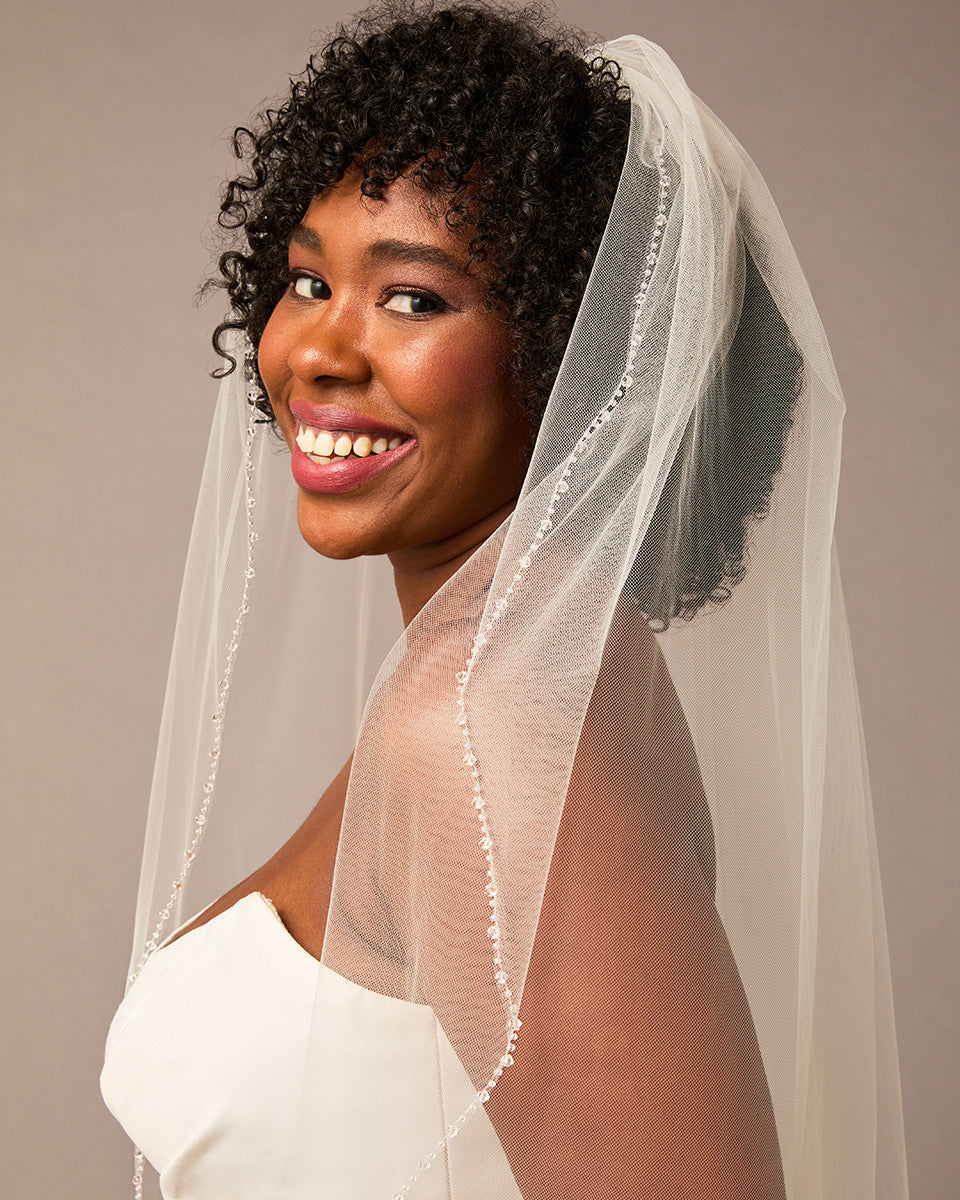 Crystal and Glass Bead Trimmed Veil Fingertip Length - Cassandra Lynne