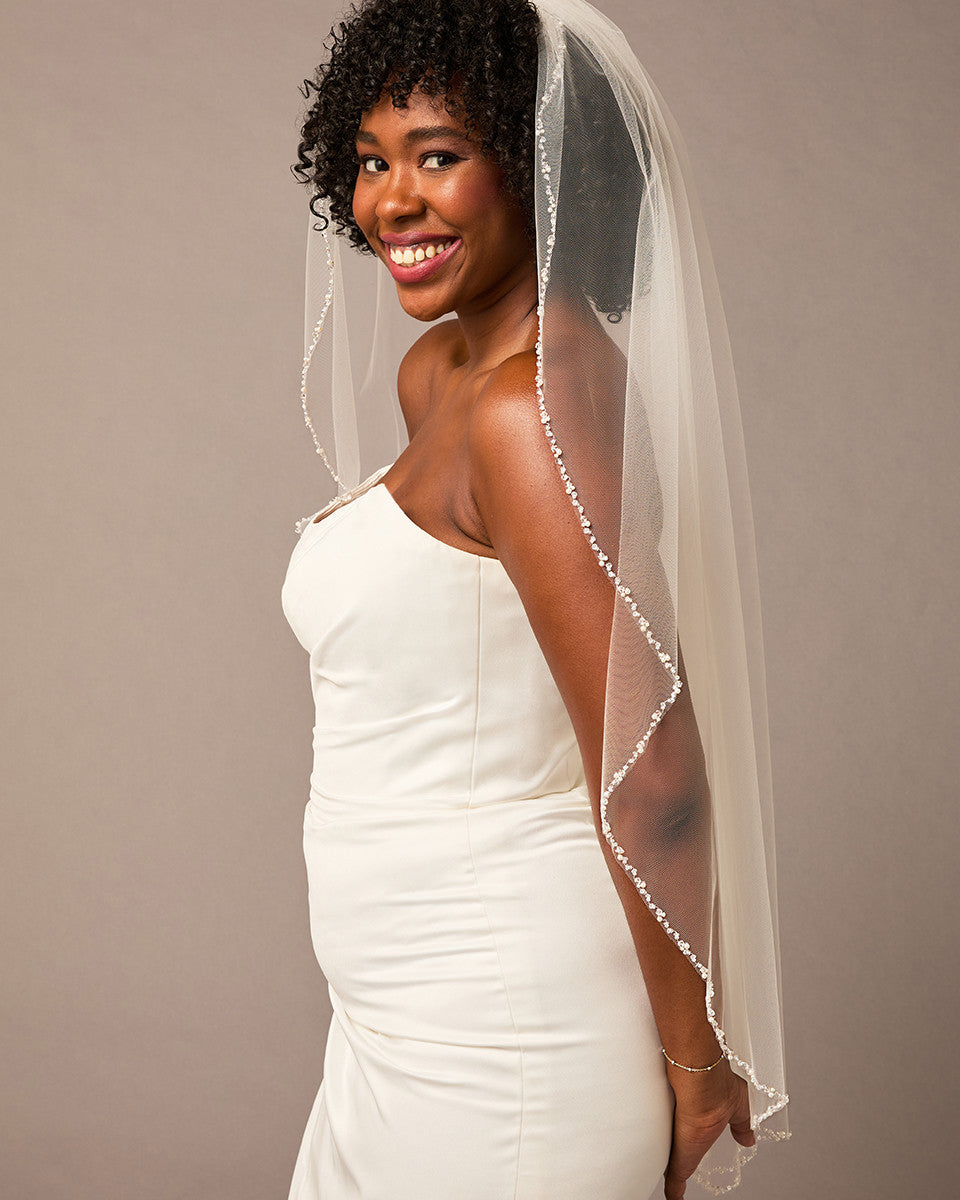 Pearl and Crystal Bead Trimmed Veil Fingertip Length -Cassandra Lynne