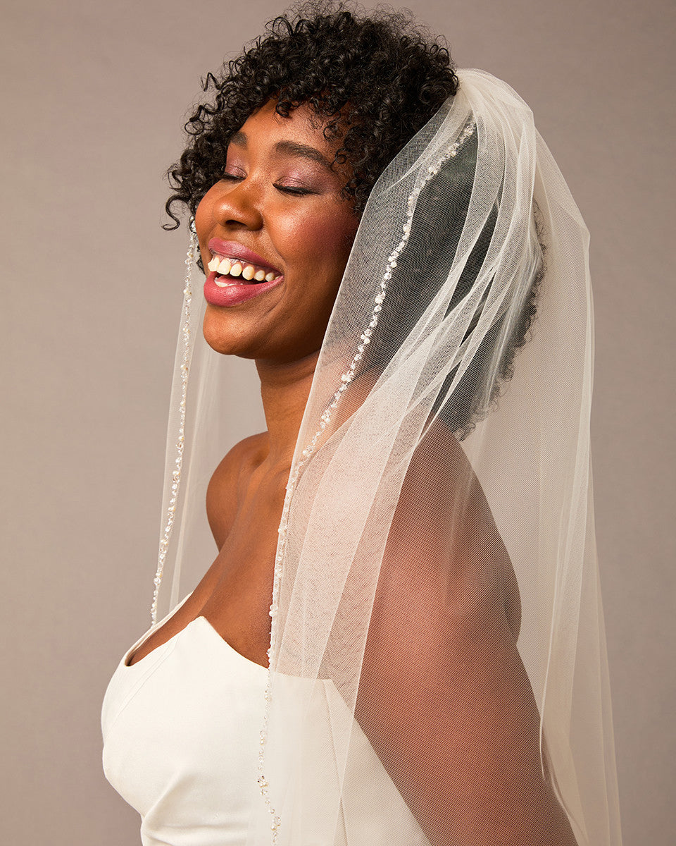 Pearl and Crystal Bead Trimmed Veil Fingertip Length -Cassandra Lynne