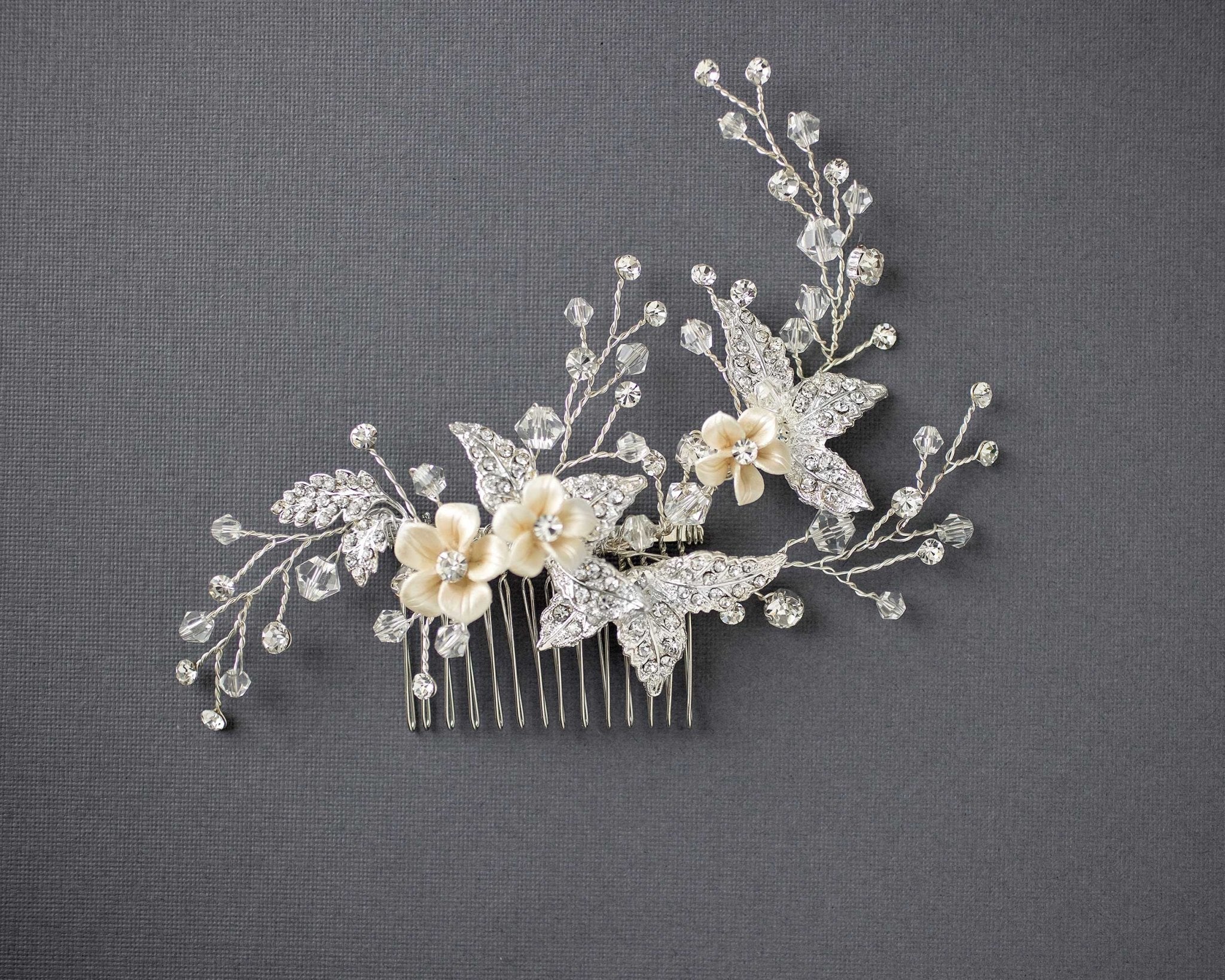 Crystal Beads and Leaves Wedding Hair Comb - Hair Comb - Cassandra Lynne