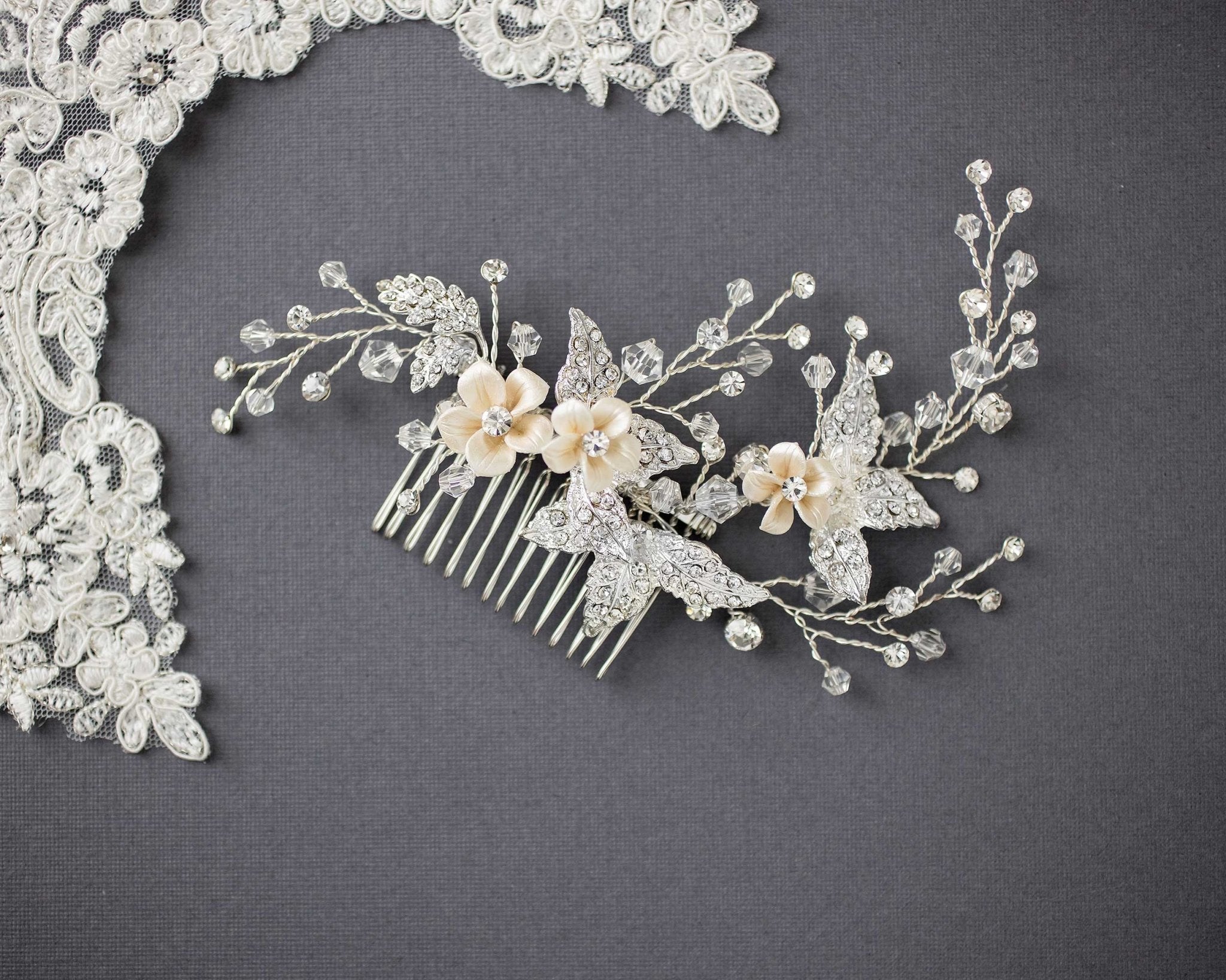 Crystal Beads and Leaves Wedding Hair Comb - Hair Comb - Cassandra Lynne