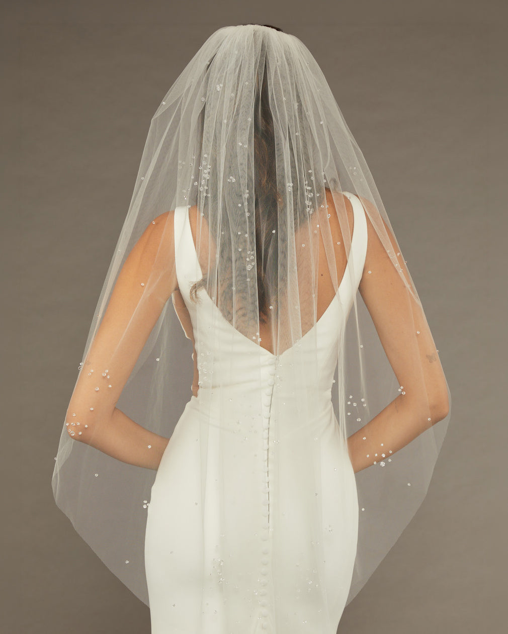 Fingertip Veil with Scattered Clusters of Crystal Beads Bride wearing a dress and veil against a brown background