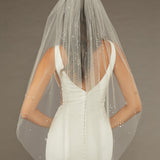 Fingertip Veil with Scattered Clusters of Crystal Beads Bride wearing a dress and veil against a brown background