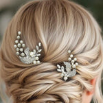 Crystal Leaves and Ivory Pearls Bridal Pin Set - Hair Pins - Cassandra Lynne