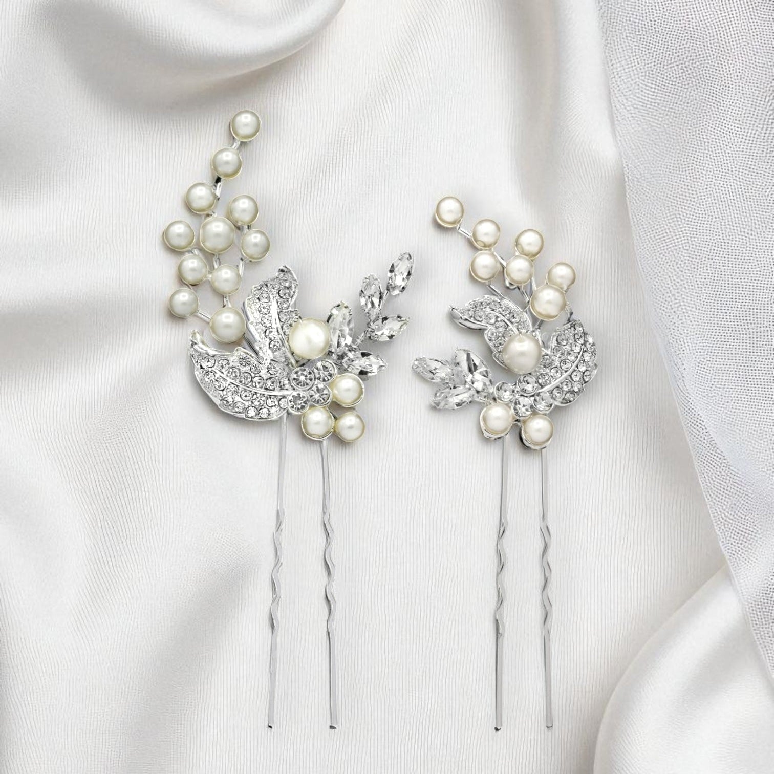 Crystal Leaves and Ivory Pearls Bridal Pin Set - Hair Pins - Cassandra Lynne