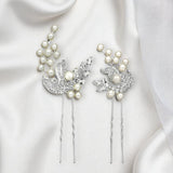Crystal Leaves and Ivory Pearls Bridal Pin Set - Hair Pins - Cassandra Lynne