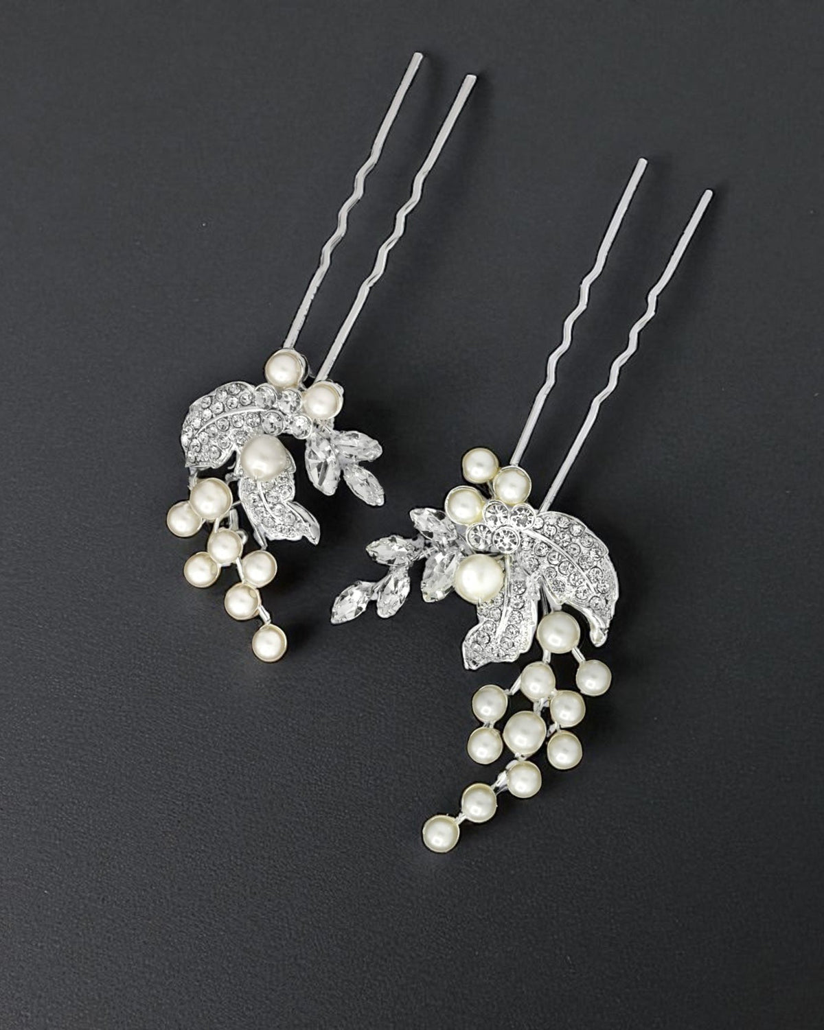 Crystal Leaves and Ivory Pearls Bridal Pin Set - Hair Pins - Cassandra Lynne