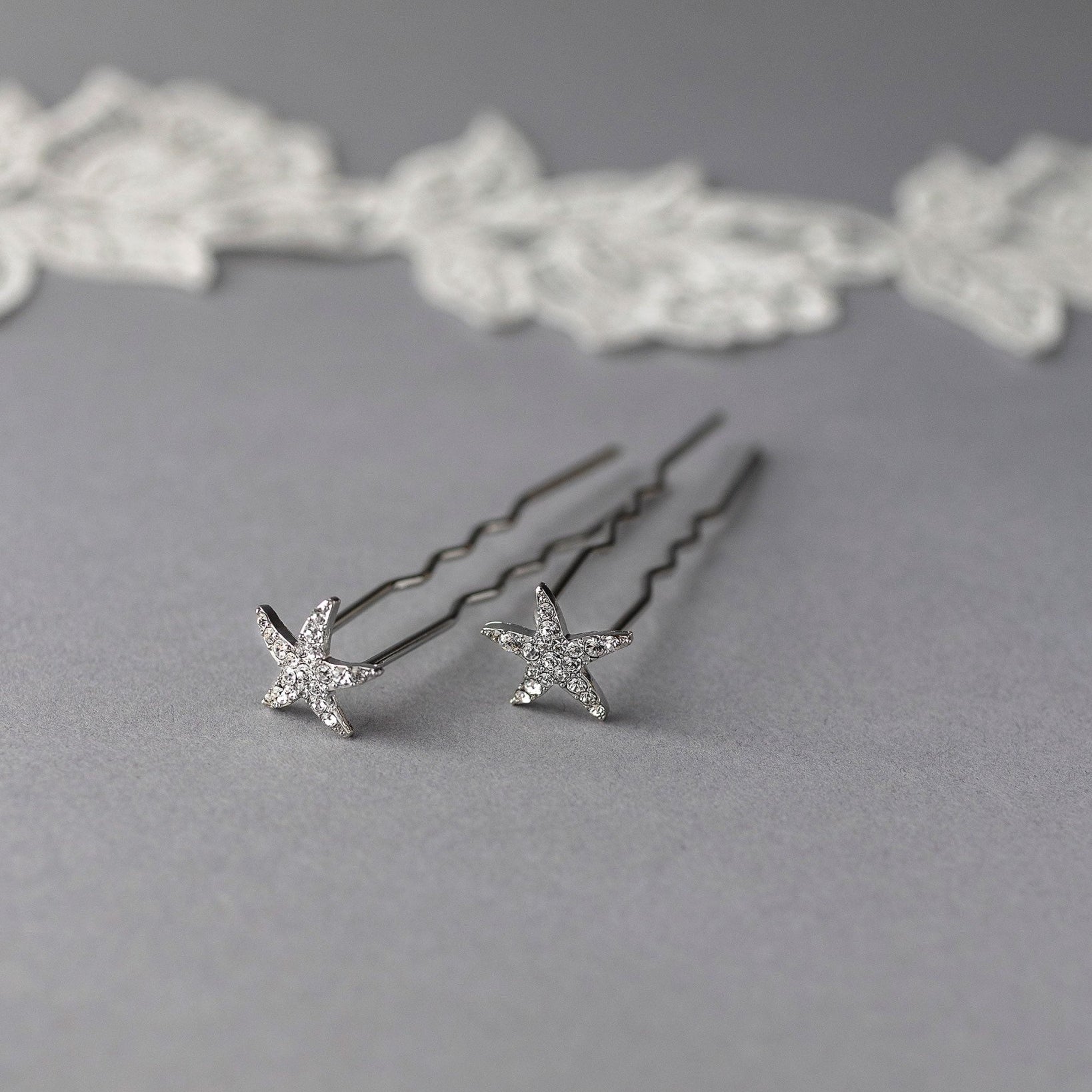 Crystal Starfish Hair Pin Set in Silver - Hair Pins - Cassandra Lynne