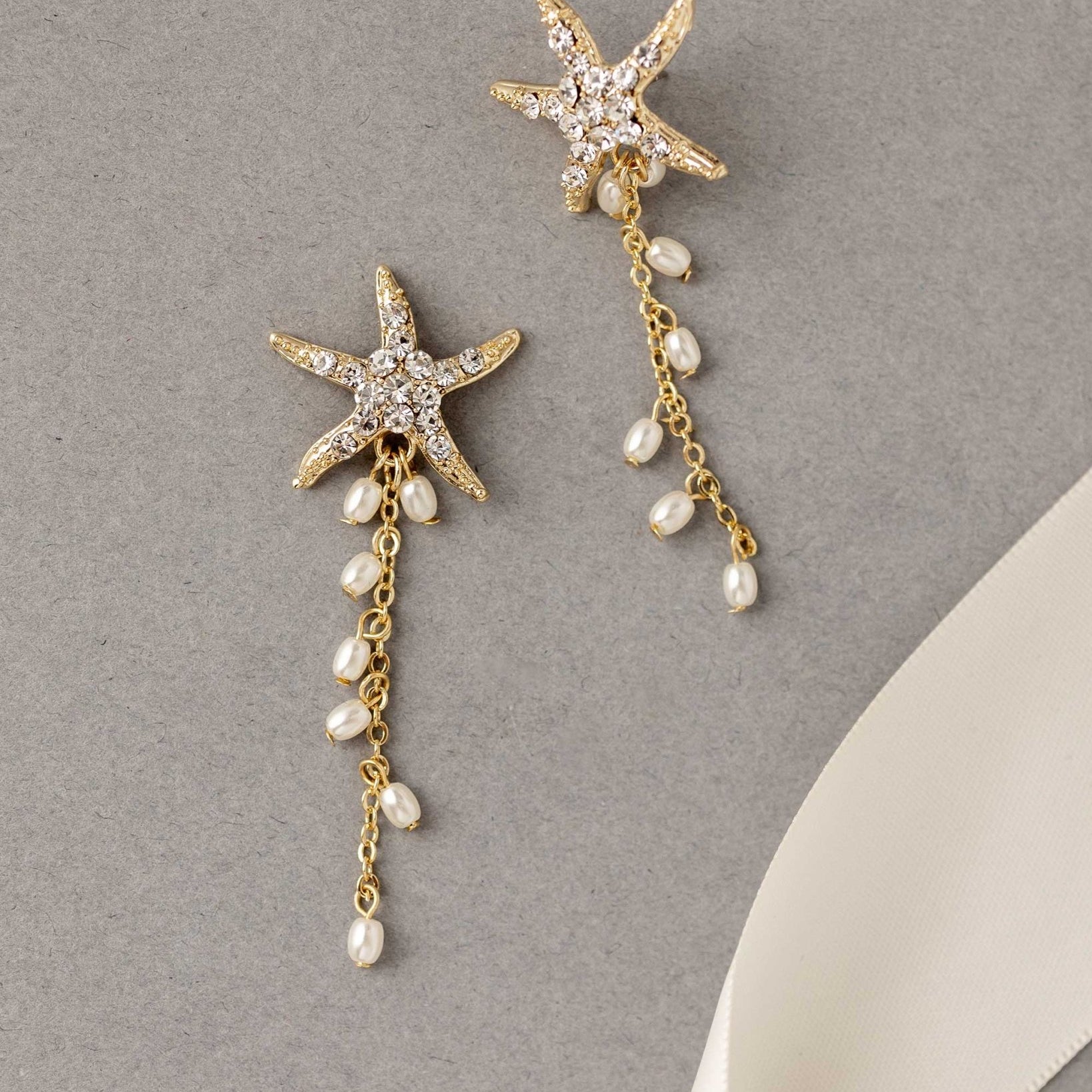 Crystal Starfish Pearl Dangle Earrings - Earrings - Cassandra Lynne