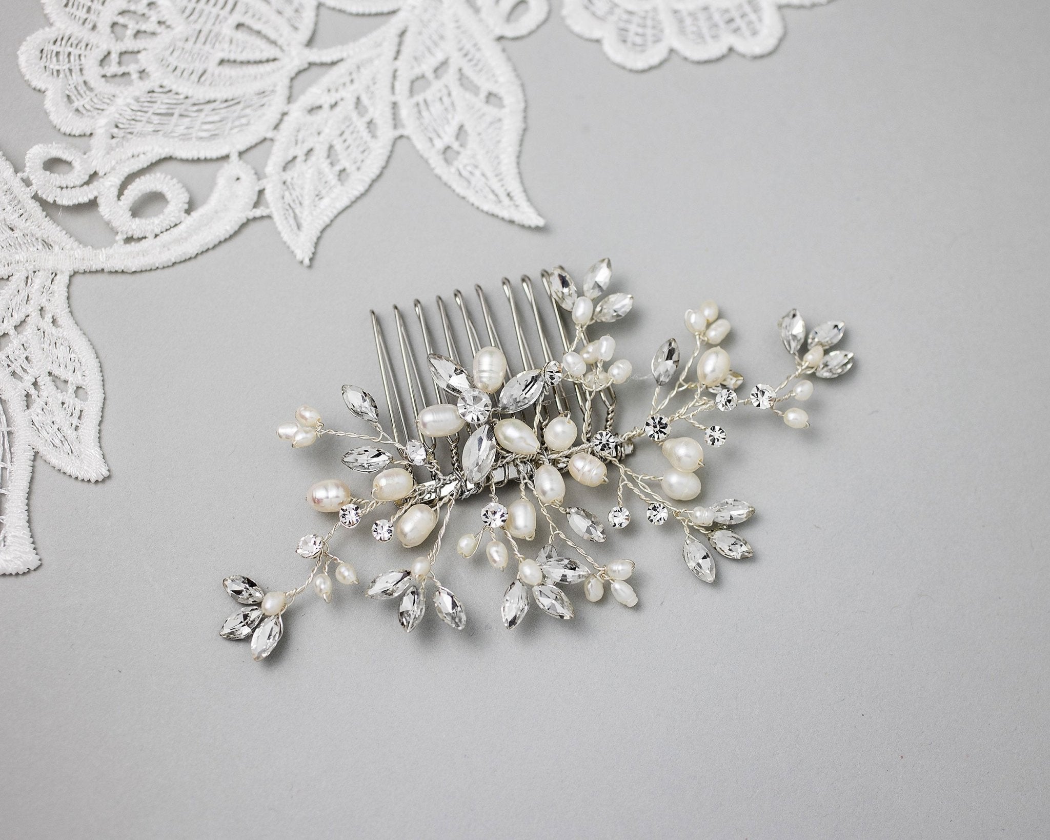 Cultured Pearl and Rhinestone Bridal Hair Comb - Hair Comb - Cassandra Lynne
