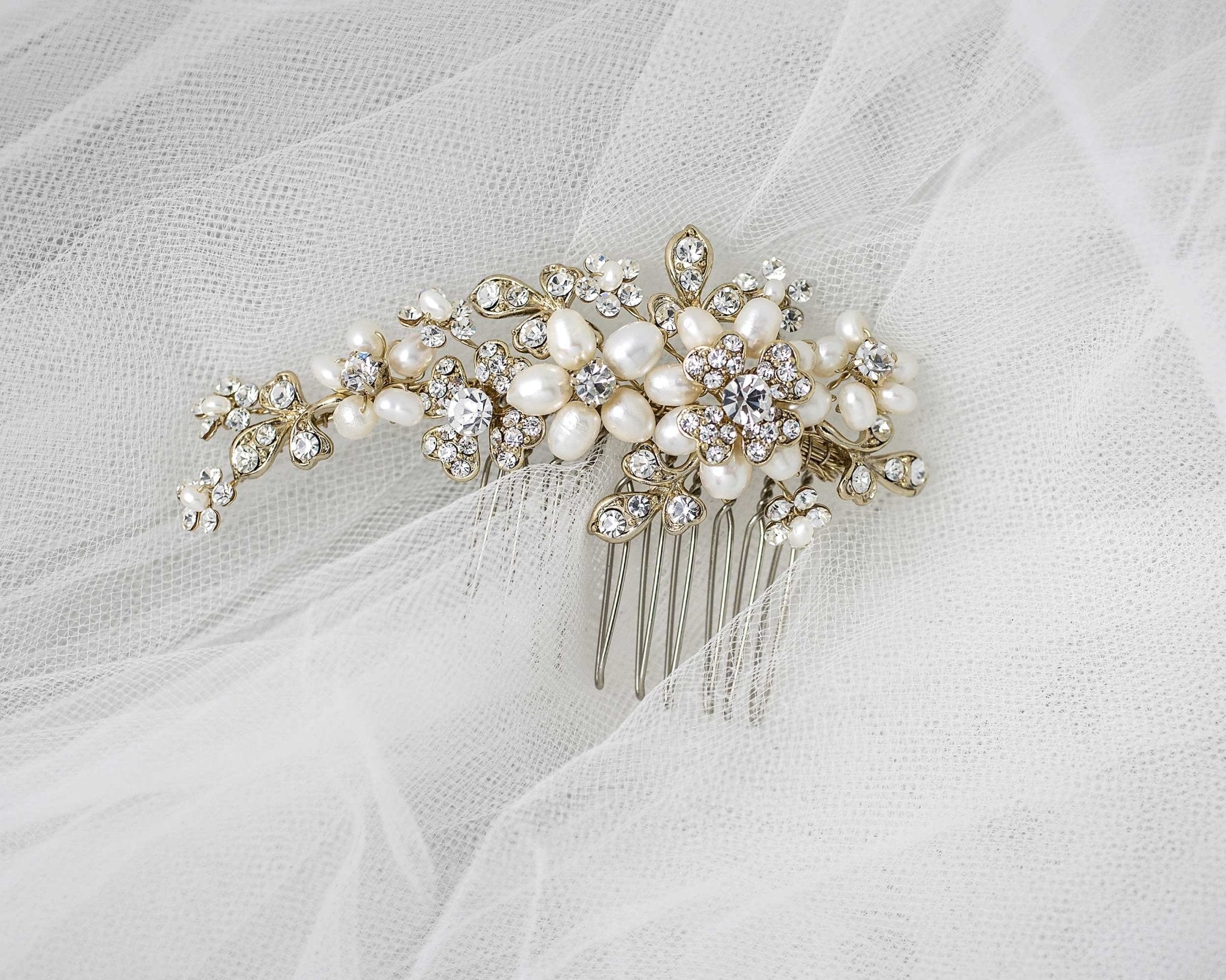 Cultured Pearl Flower Gold Wedding Hair Comb - Hair Comb - Cassandra Lynne