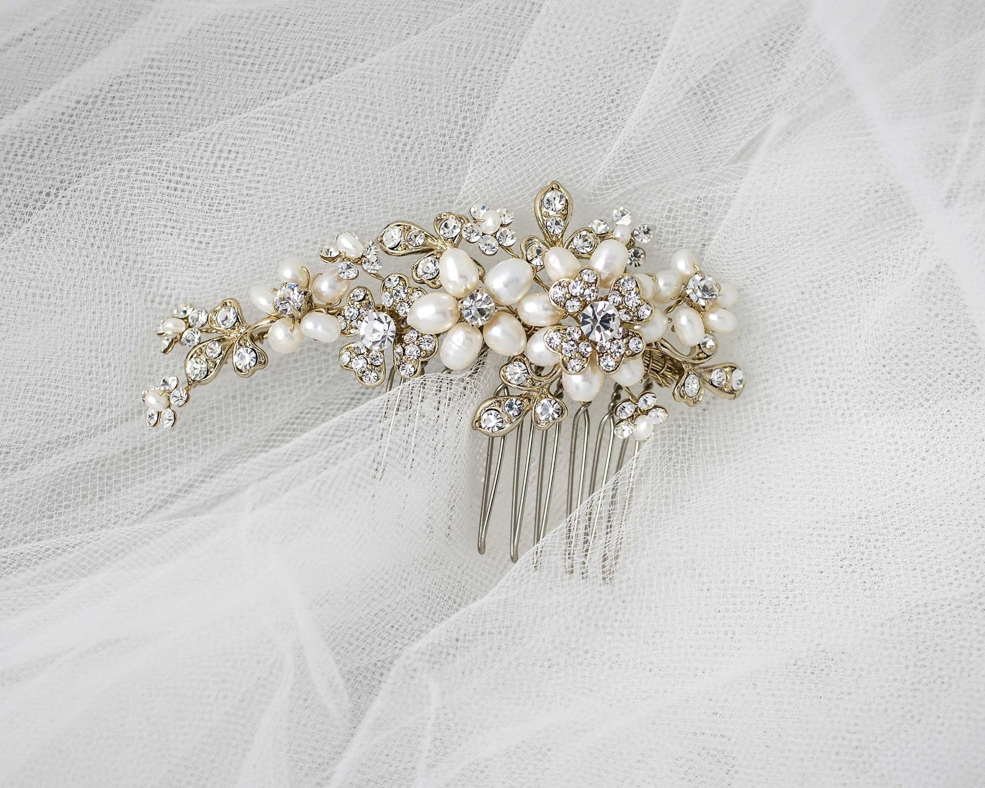 Cultured Pearl Flower Gold Wedding Hair Comb - Hair Comb - Cassandra Lynne