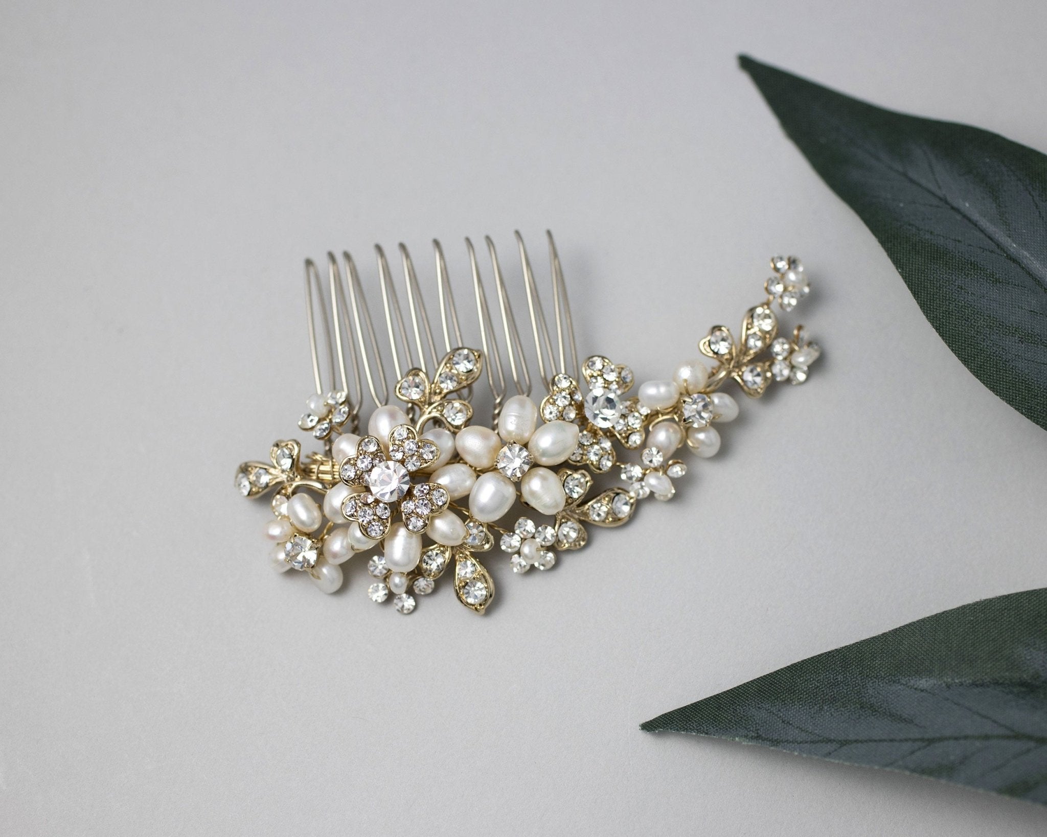 Cultured Pearl Flower Gold Wedding Hair Comb - Hair Comb - Cassandra Lynne