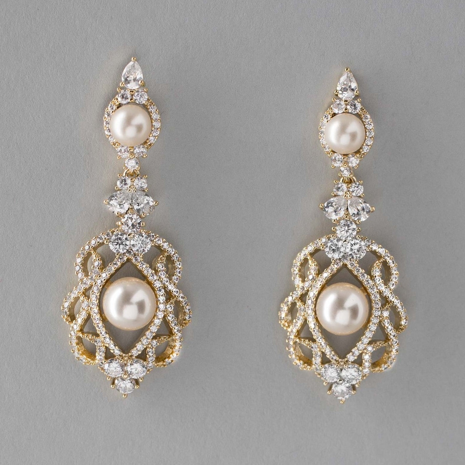 CZ Bridal Art Deco Earrings with Pearls - Earrings - Cassandra Lynne