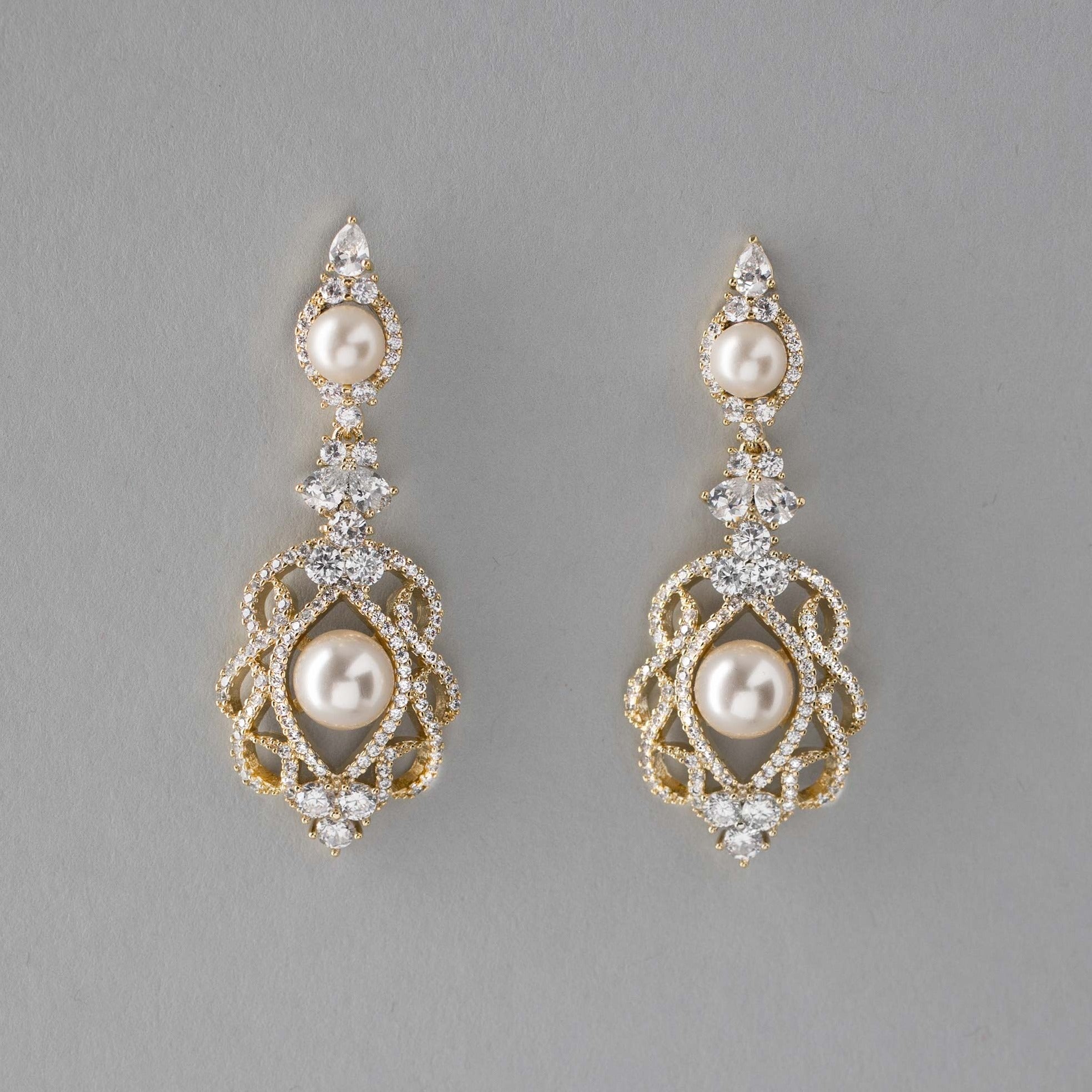 CZ Bridal Art Deco Earrings with Pearls - Earrings - Cassandra Lynne