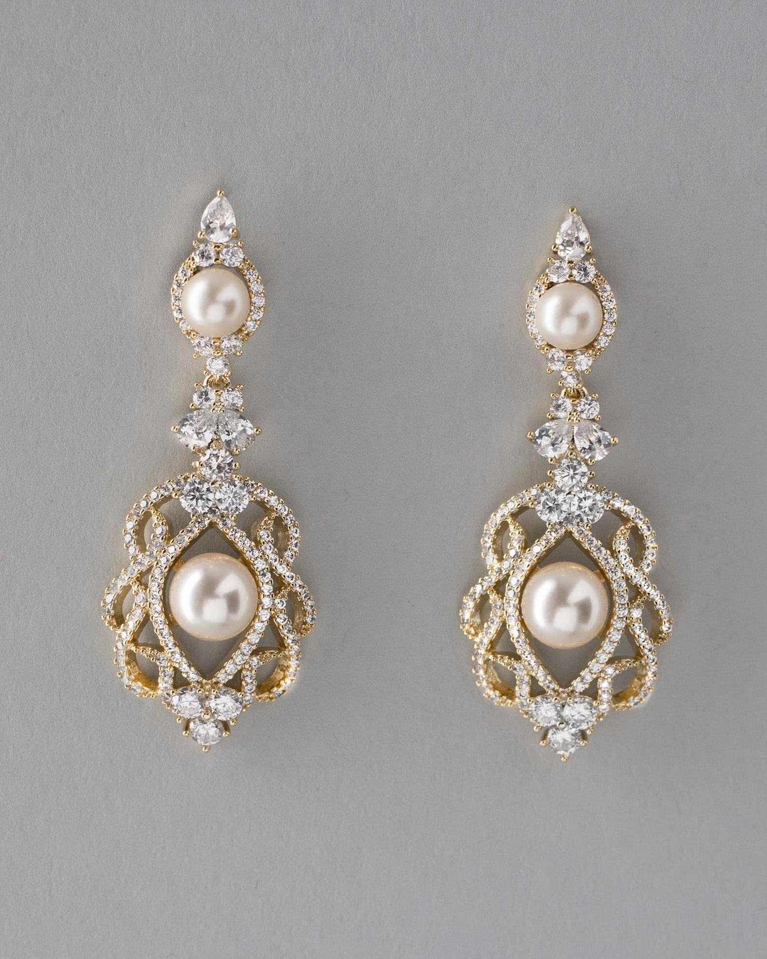 CZ Bridal Art Deco Earrings with Pearls - Earrings - Cassandra Lynne