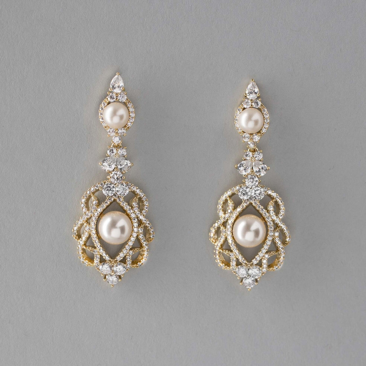 CZ Bridal Art Deco Earrings with Pearls - Earrings - Cassandra Lynne