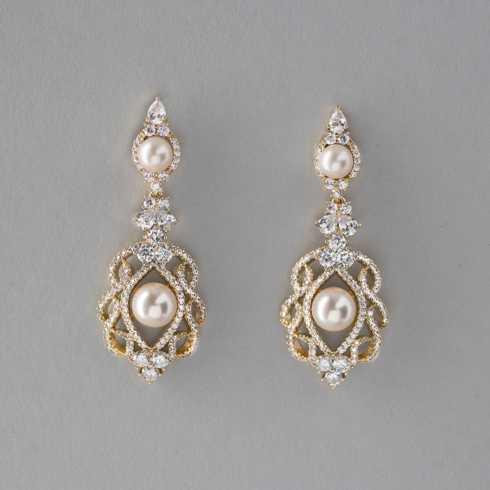 CZ Bridal Art Deco Earrings with Pearls - Earrings - Cassandra Lynne