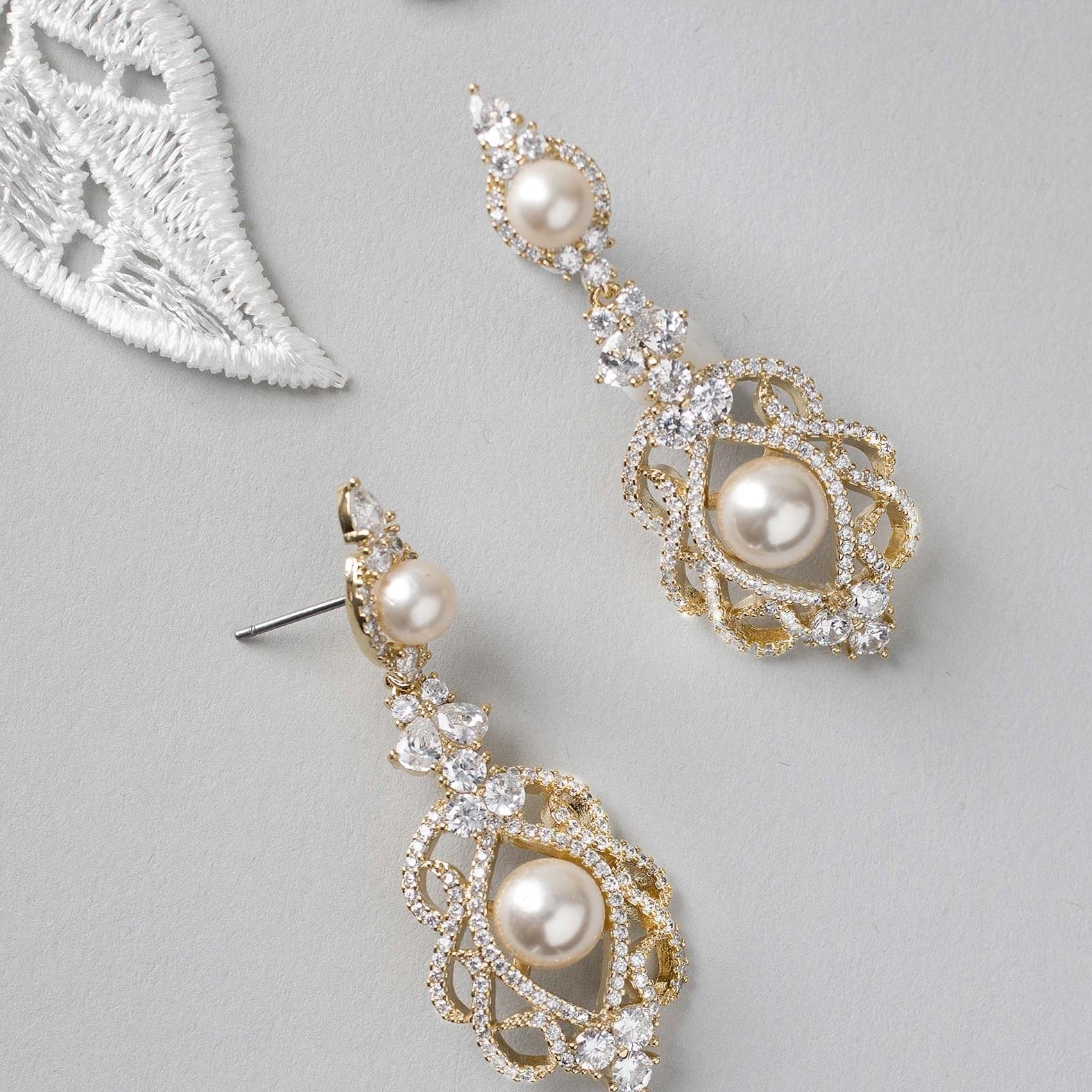 CZ Bridal Art Deco Earrings with Pearls - Earrings - Cassandra Lynne