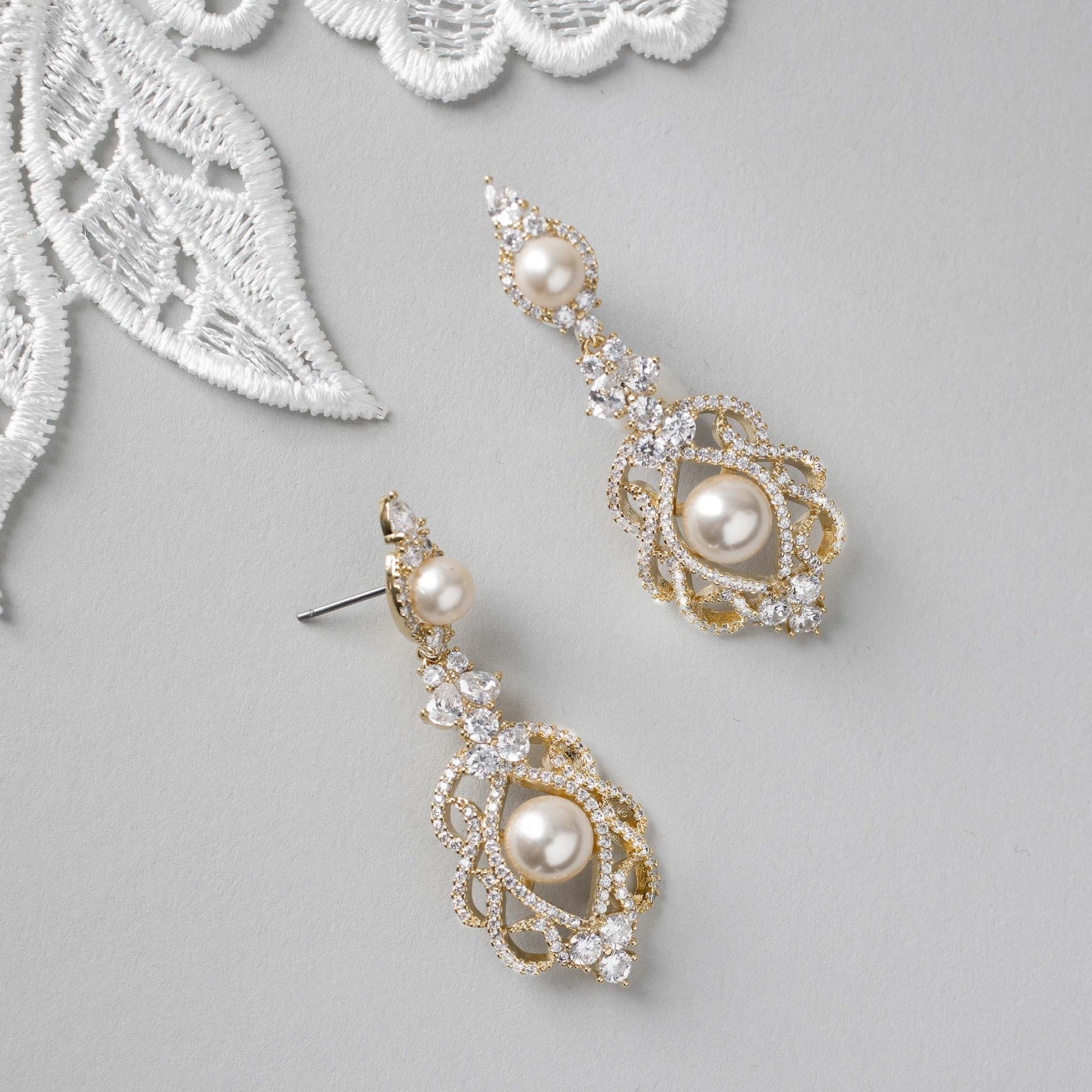 CZ Bridal Art Deco Earrings with Pearls - Earrings - Cassandra Lynne