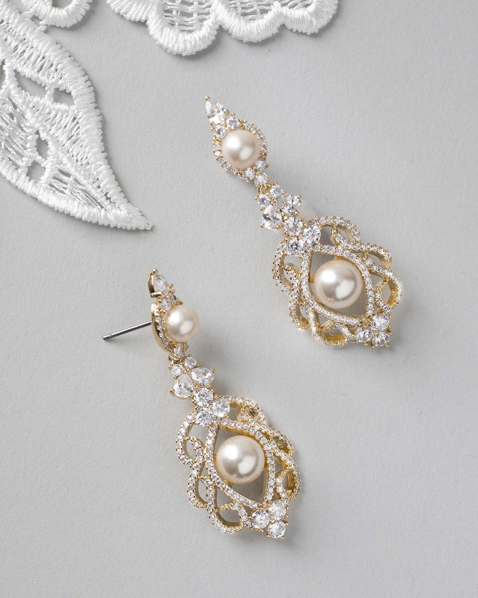 CZ Bridal Art Deco Earrings with Pearls - Earrings - Cassandra Lynne