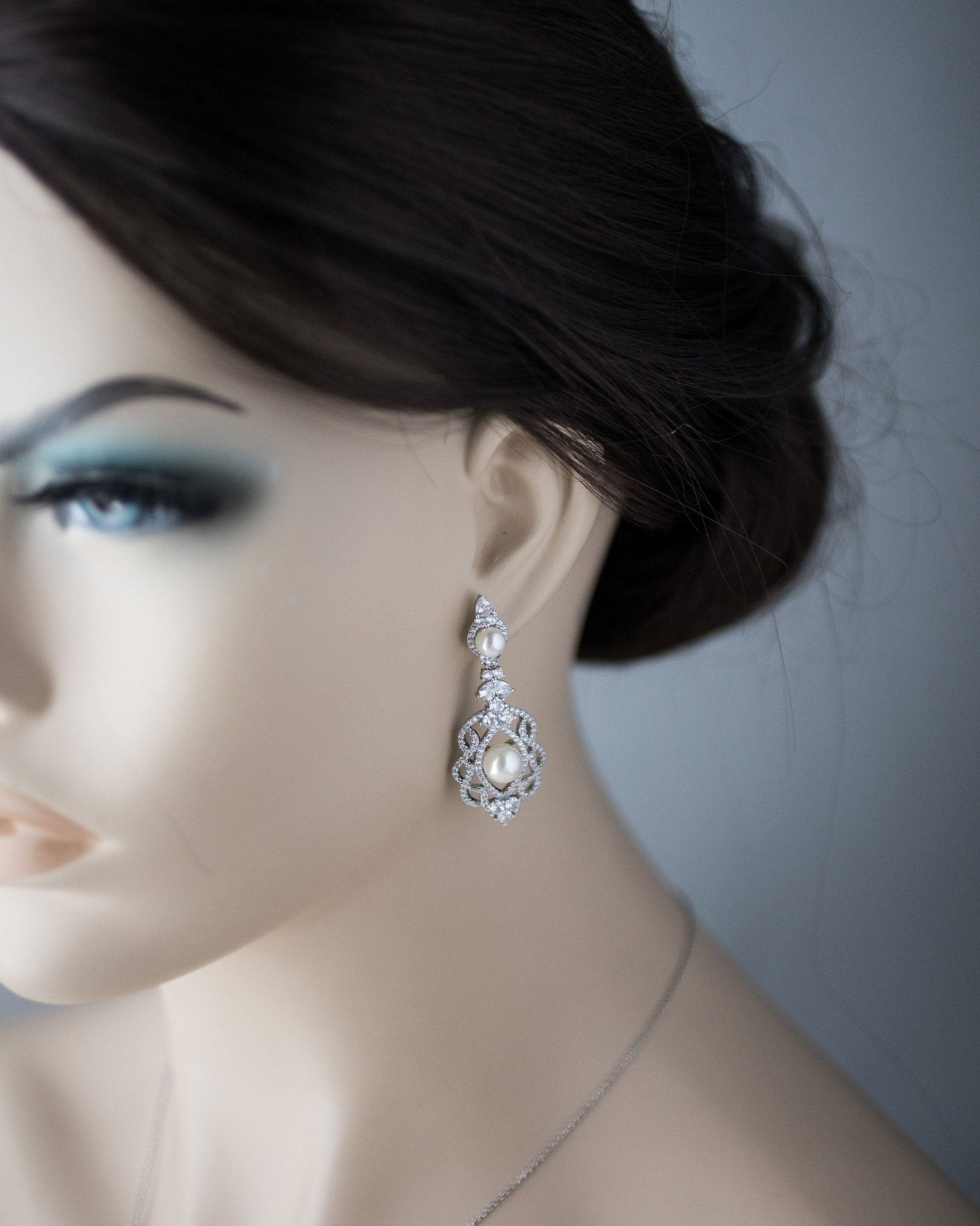 CZ Bridal Art Deco Earrings with Pearls - Earrings - Cassandra Lynne