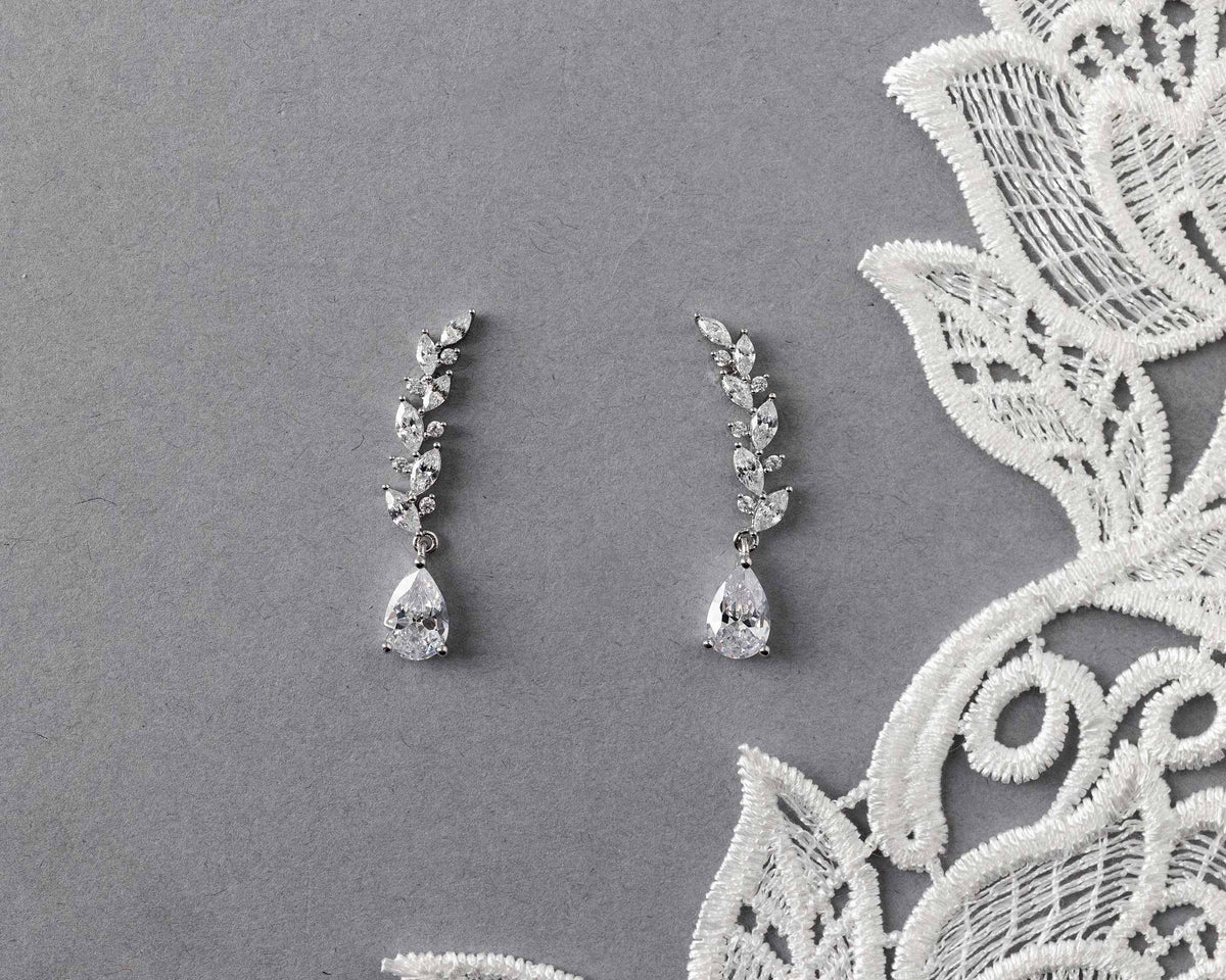 Feather Vine Teardrop CZ Wedding Earrings