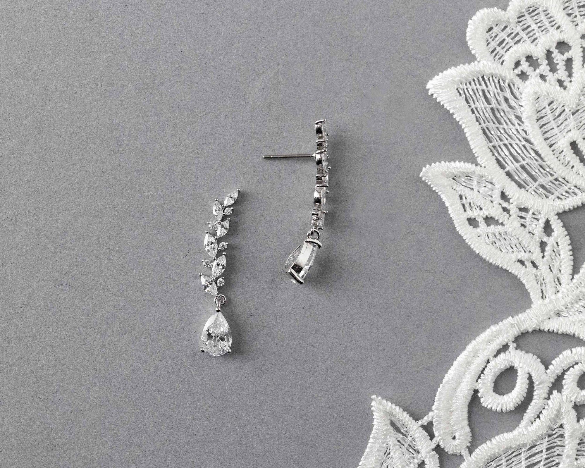 Feather Vine Teardrop CZ Wedding Earrings