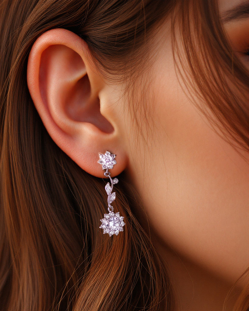 CZ Flower Dangle Earrings in Silver