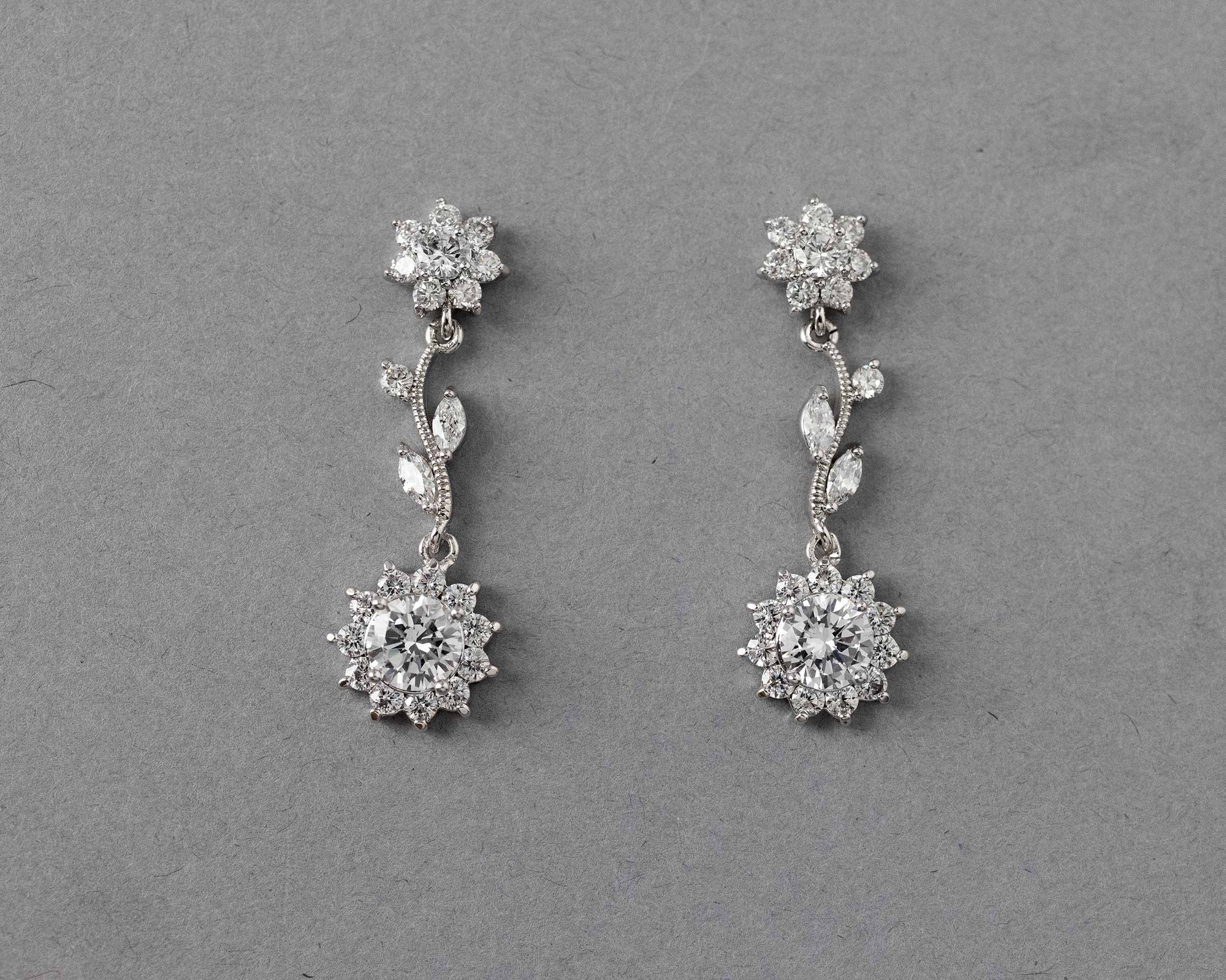 CZ Flower Dangle Earrings in Silver