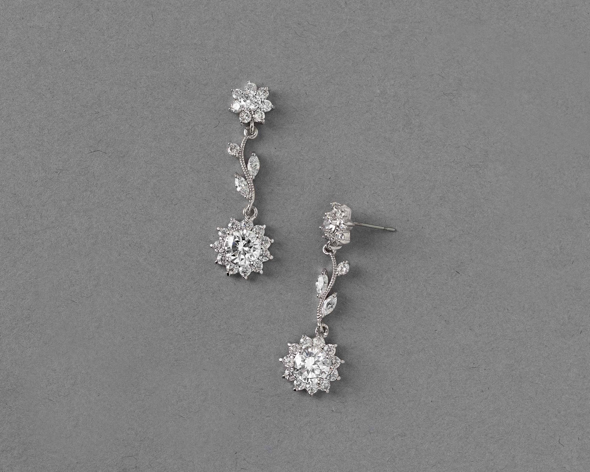 CZ Flower Dangle Earrings in Silver