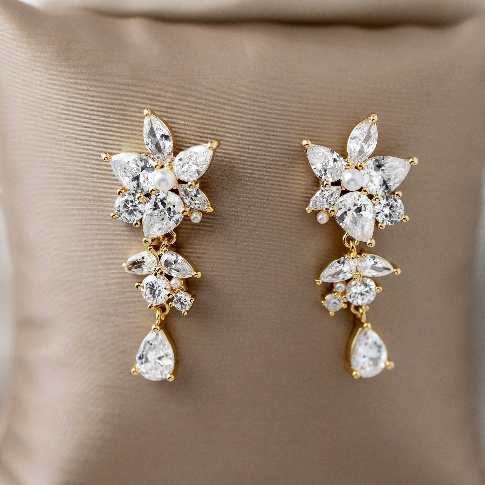 CZ Flower Earrings with Tiny Pearl Center - Earrings - Cassandra Lynne