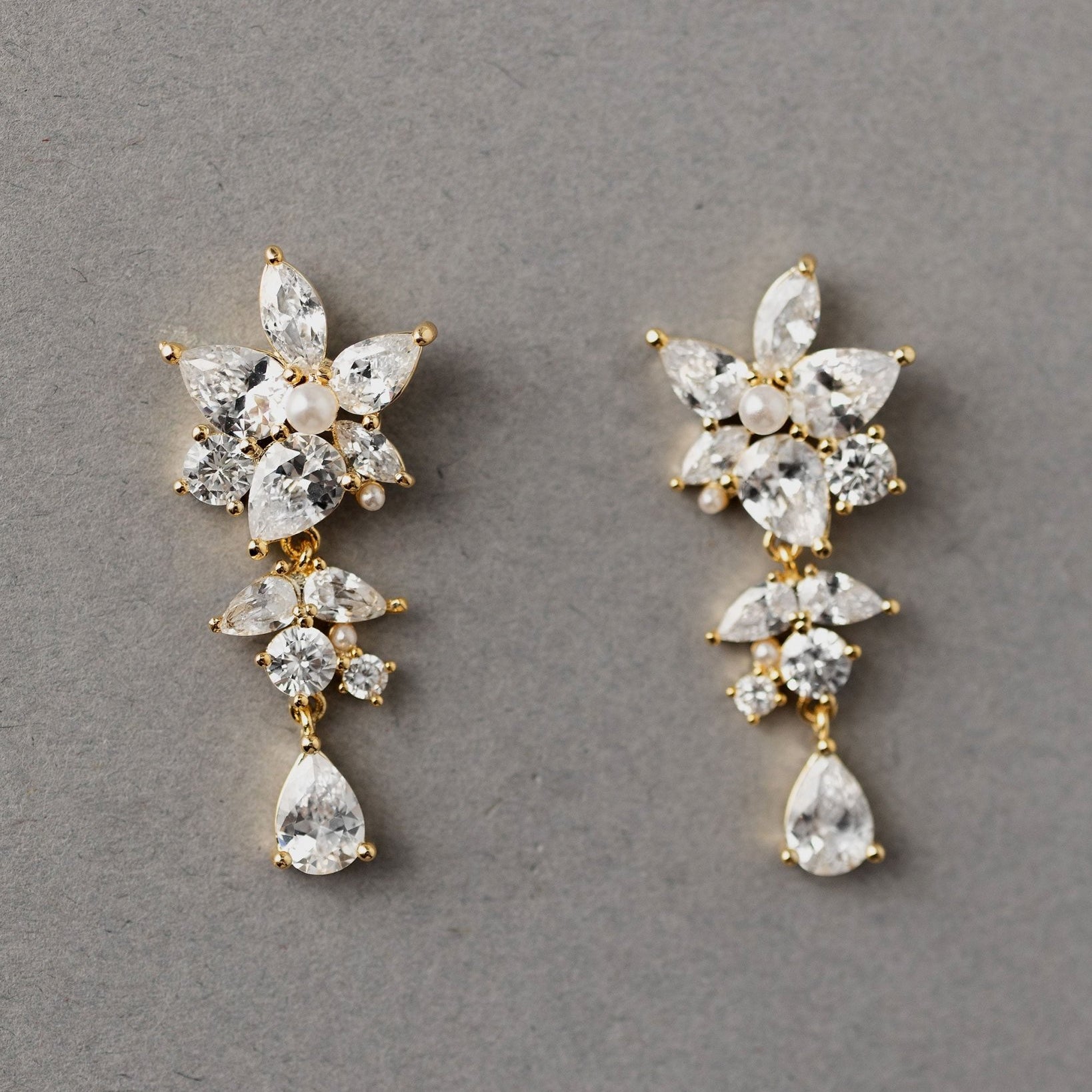 CZ Flower Earrings with Tiny Pearl Center - Earrings - Cassandra Lynne