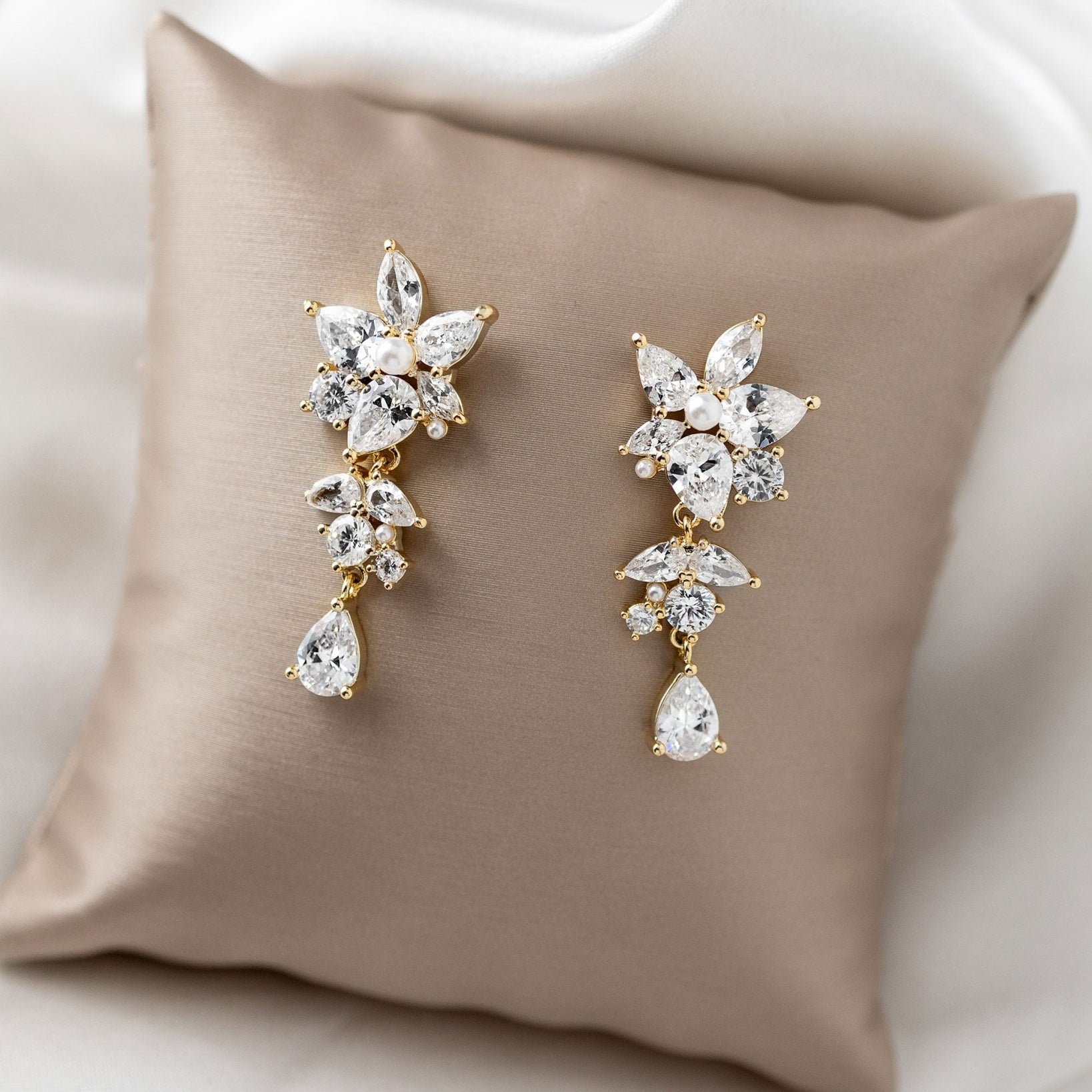CZ Flower Earrings with Tiny Pearl Center - Earrings - Cassandra Lynne