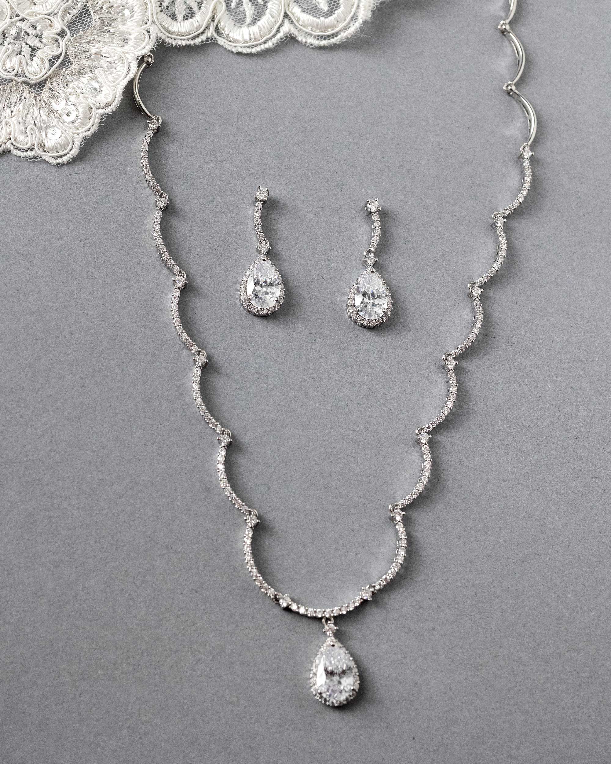 Scalloped CZ Wedding Necklace and Earrings