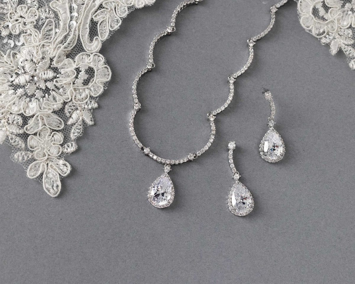 Scalloped CZ Wedding Necklace and Earrings